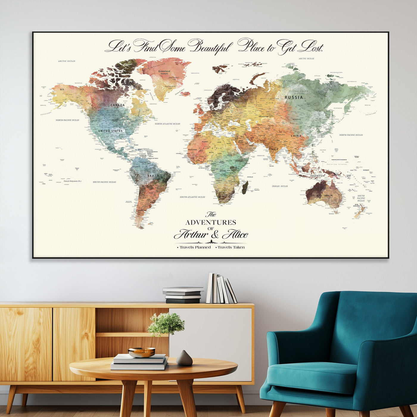 10311652-MGV-CV-36X24-Personalized World Map Wall Art - Watercolor Travel Map with Custom Names Minimalist Design for Couples&Families - Decor for Home,