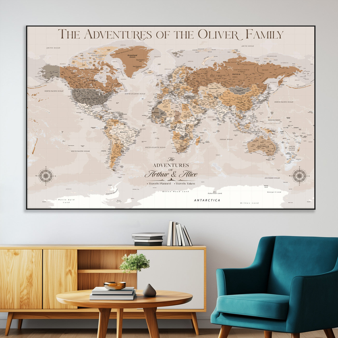 34289723-MGV-CV-36X24-Personalized World Map Wall Art – Elegant Beige and Brown Adventure Map Canvas Print for Family Home, Living Room, Study or Office