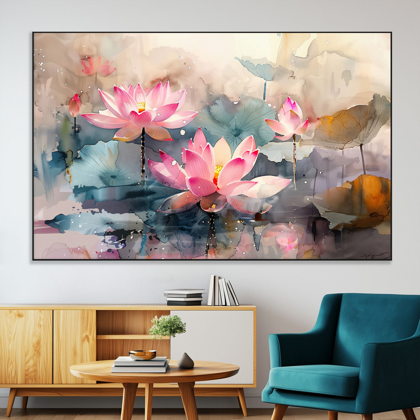 18414-MGV-CV-36X24-Pink Lotus Wall Art Canvas Print, Framed Water Lily Art Picture Print, Dreamy Floral Perfect Dreamy Botanical Decor Artwork