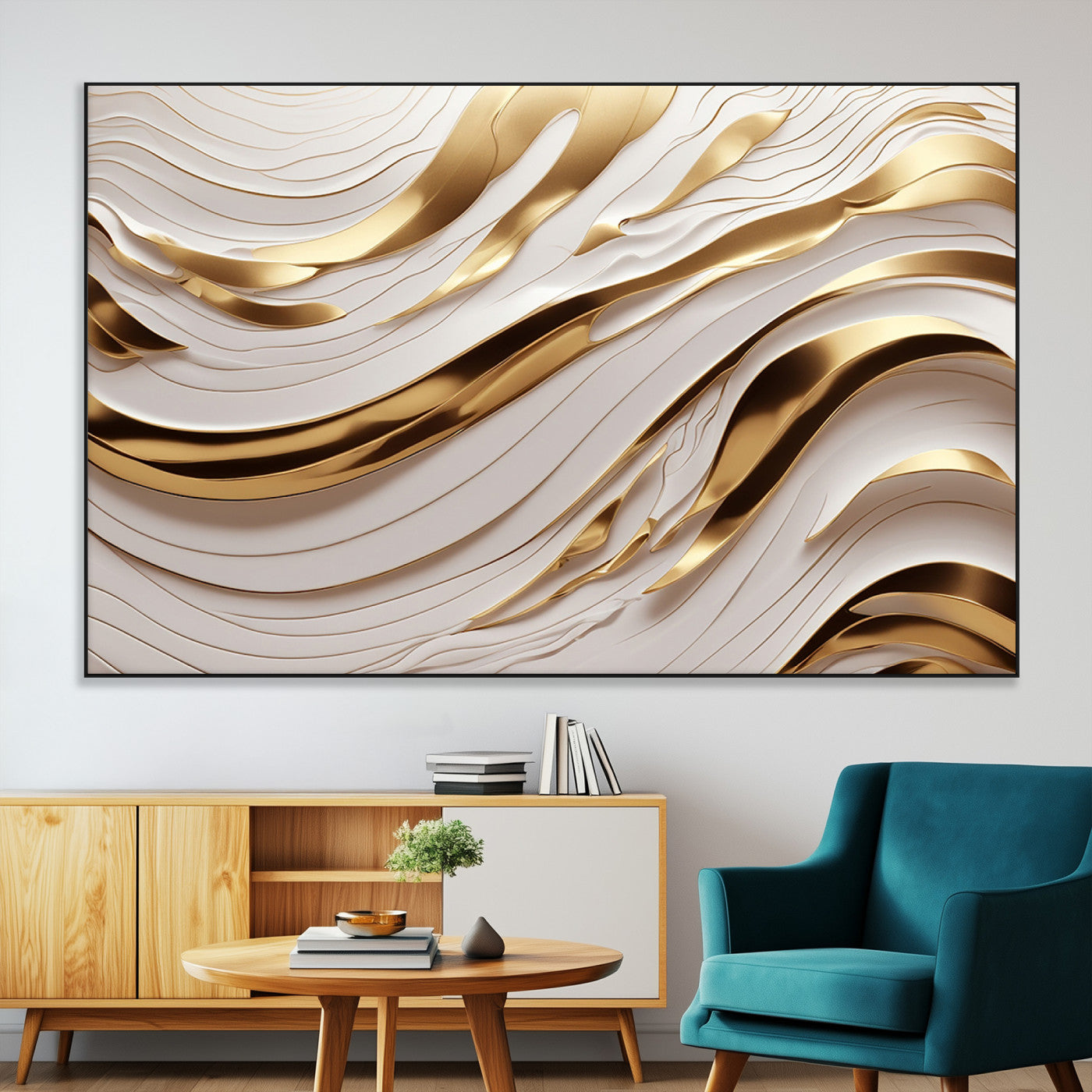 41237-MGV-CV-36X24-Gold Waves Wall Art Canvas Print, Framed Elegant Flow Art Picture Print, Luxury Layers Perfect Minimal Luxe Decor Artwork