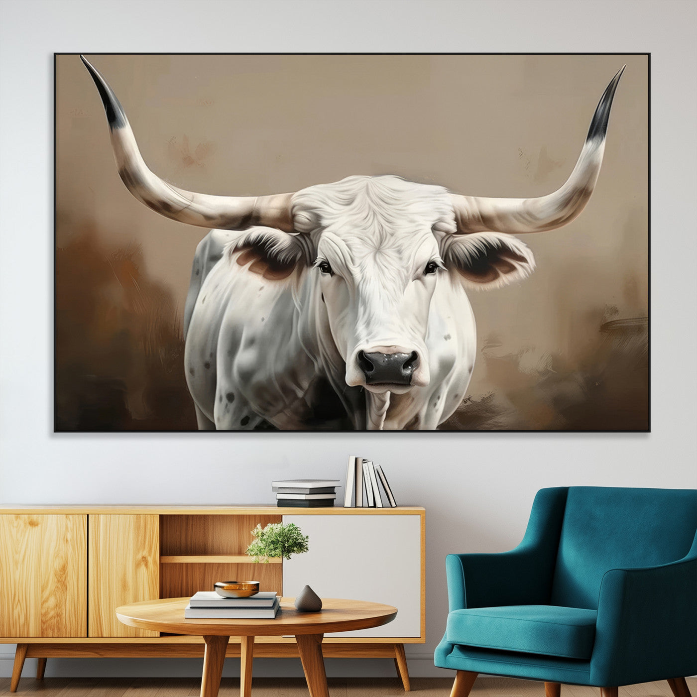 63550-MGV-CV-36X24-Texas Longhorn Wall Art Canvas Print, Framed White Bull Art Picture Print, Horned Cattle Perfect Rustic Western Decor Artwork