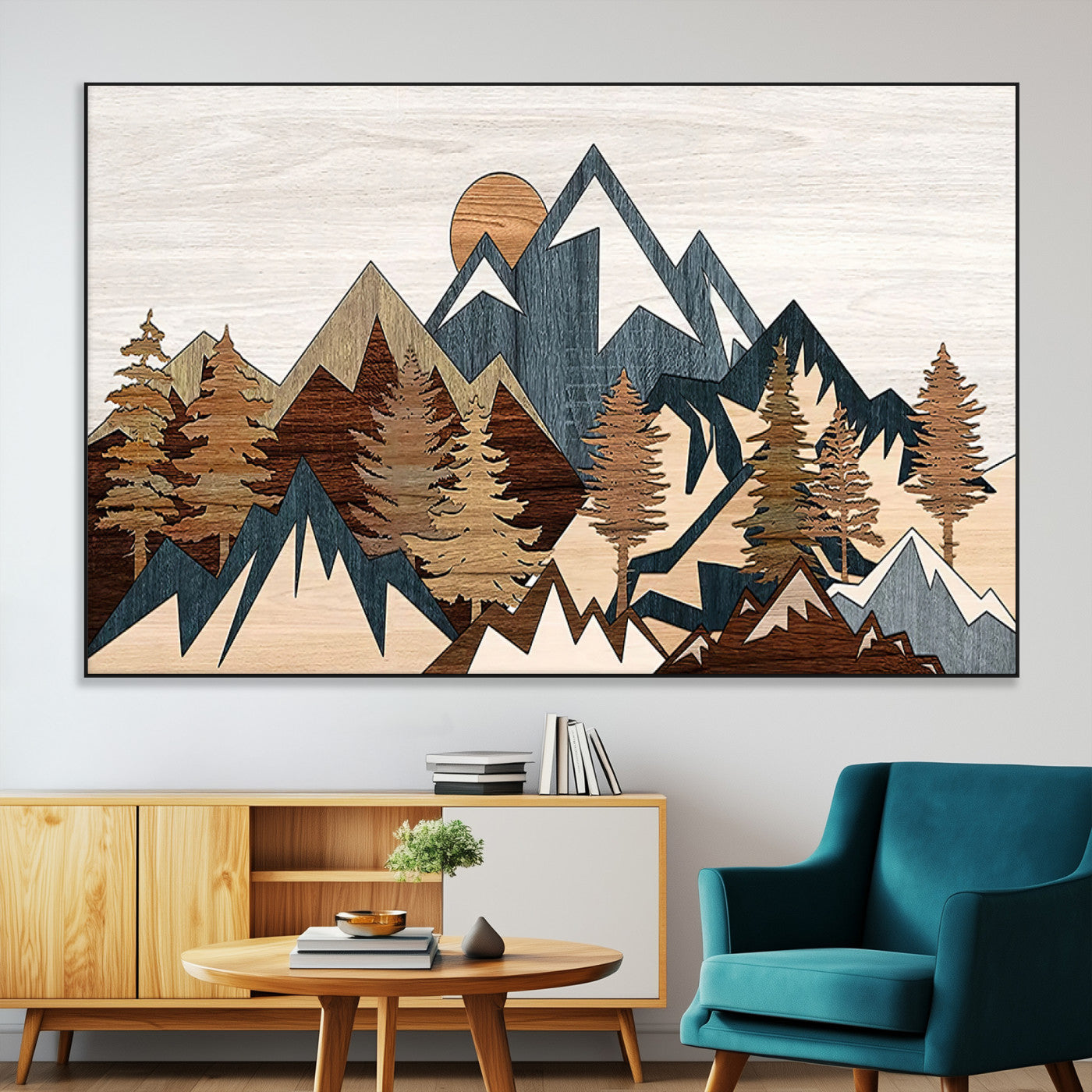 80300-MGV-CV-36X24-Geometric Mountains Wall Art Canvas Print, Framed Stylized Trees Art Picture Print, Graphic Forest Perfect Rustic Abstract Decor