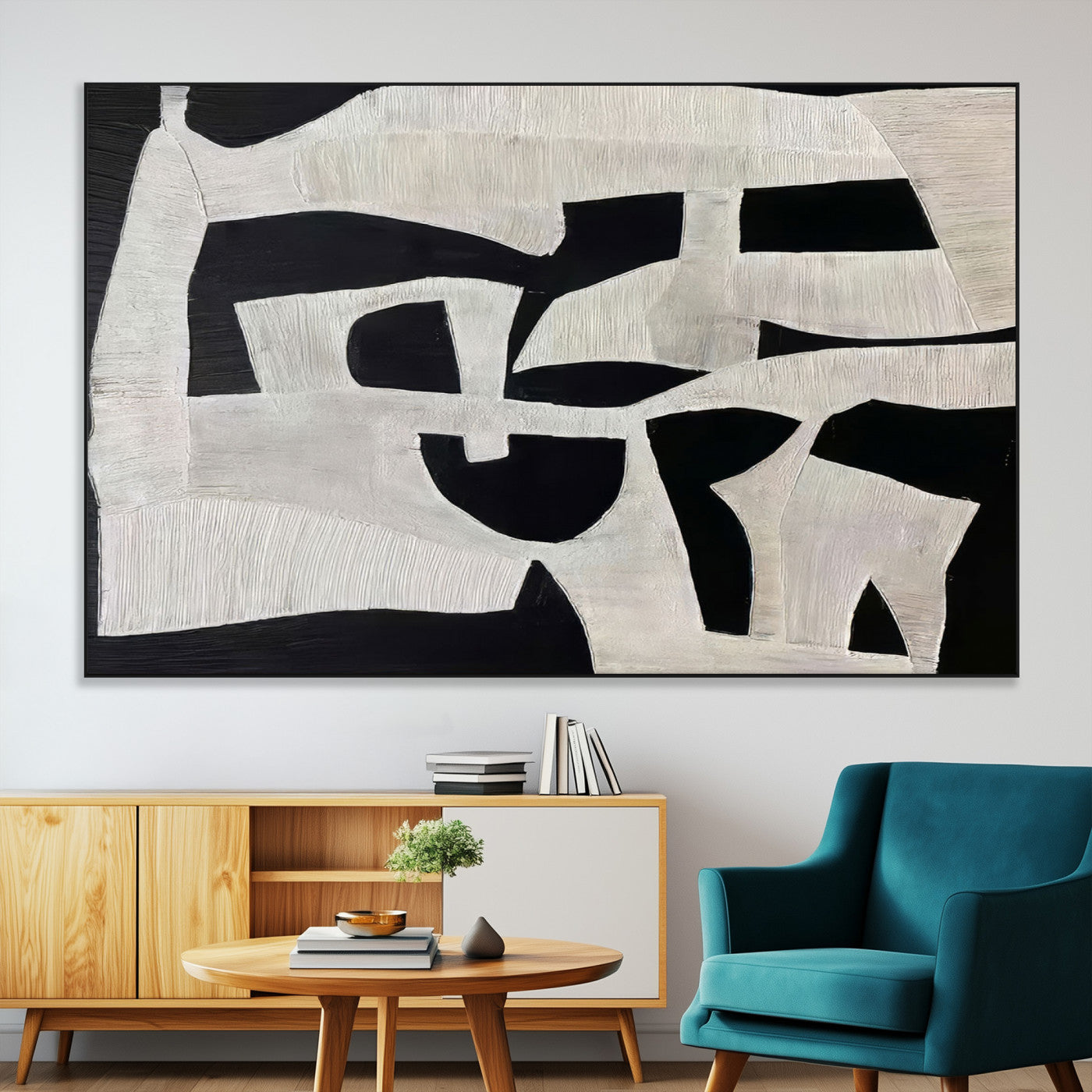 33714-MGV-CV-36X24-Monochrome Design Wall Art Canvas Print, Framed Modern Linework Art Picture Print, Textured Shapes Perfect Monochrome Modern Decor