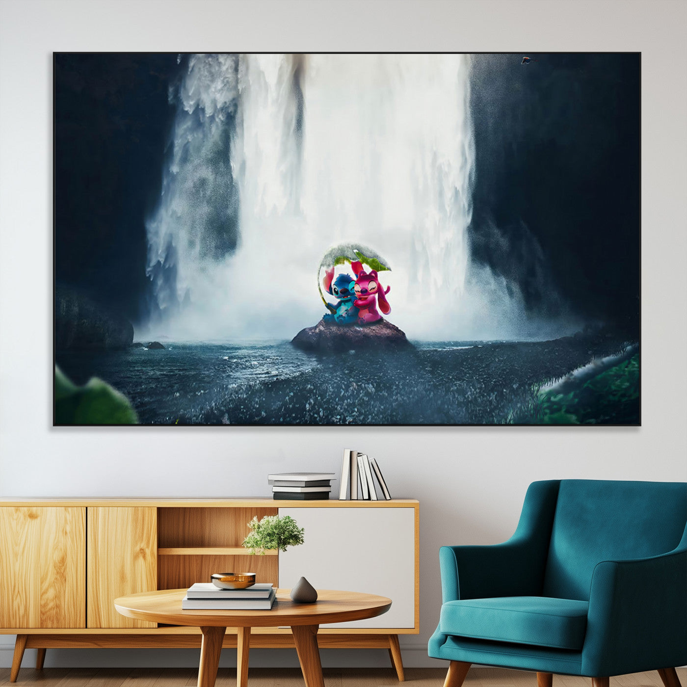 32259-SEG-FC-51X34_Oversize-Stitch Angel Wall Art Canvas Print, Framed Stitch Waterfall Art Picture Print, Cartoon Couple Perfect Moody Fantasy Decor Artwork