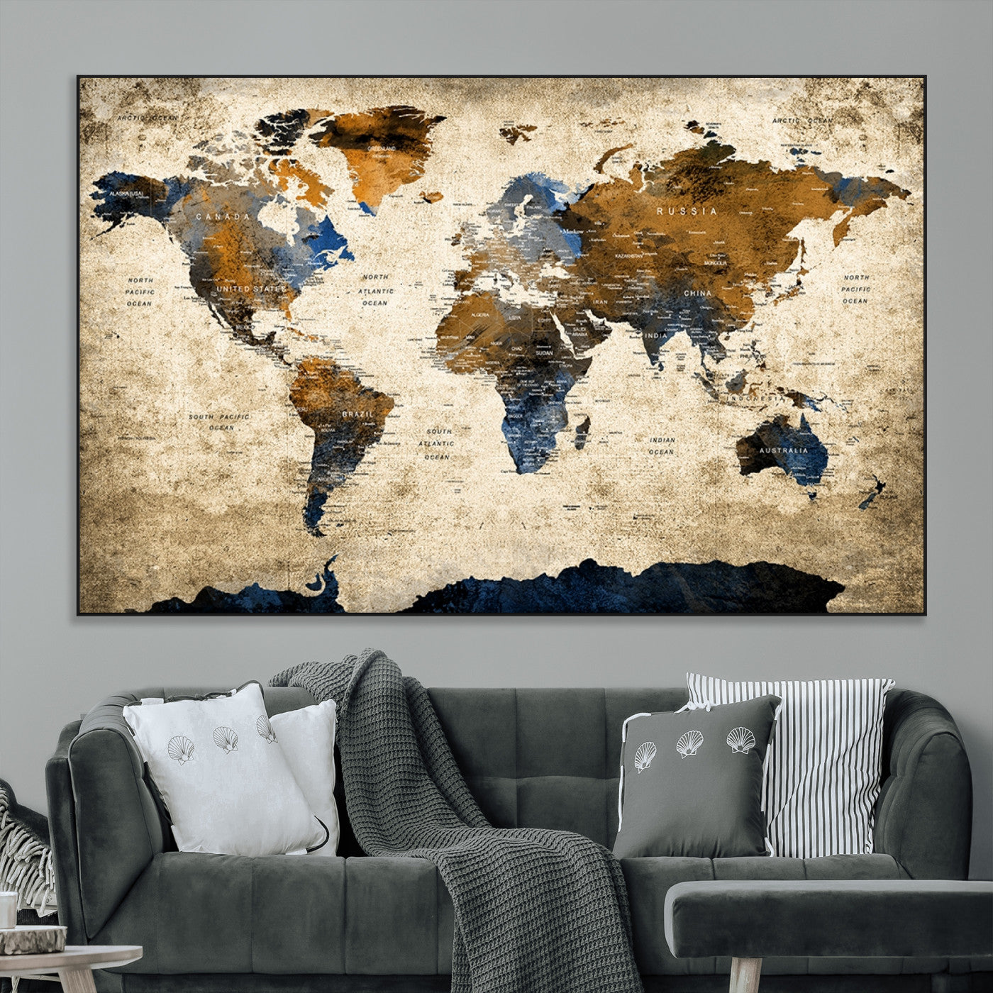 49876-MGV-CV-36X24-Vintage Blue and Brown World Map Canvas Wall Art – Rustic Travel Map Print, Large Framed Wall Decor for Living Room, Study, Home or Office