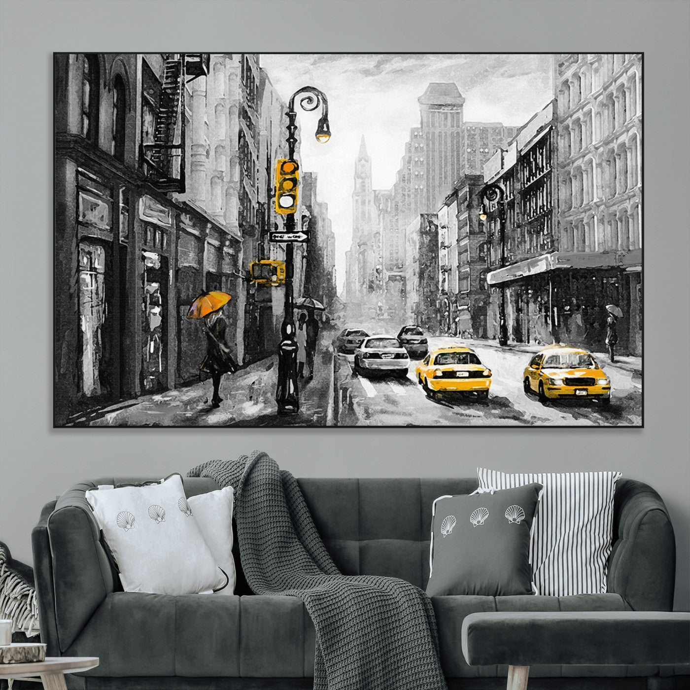 32362-MGV-CV-36X24-NYC Street Wall Art – Black and White Cityscape with Yellow Taxis and Umbrella Canvas Print, Urban Home Decor for Living Room or
