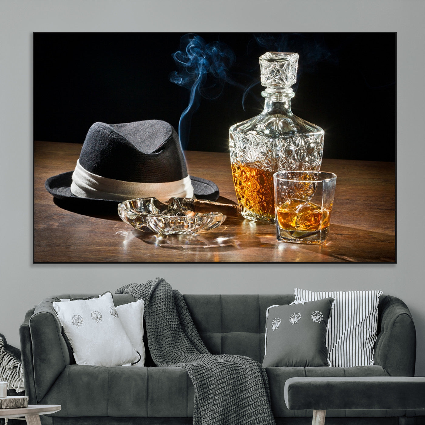 14629-MGV-CV-36X24-Vintage Whiskey Wall Art – Classic Fedora, Cigar, and Crystal Decanter Canvas Print, Rustic Bar Decor for Home, Office, or Man