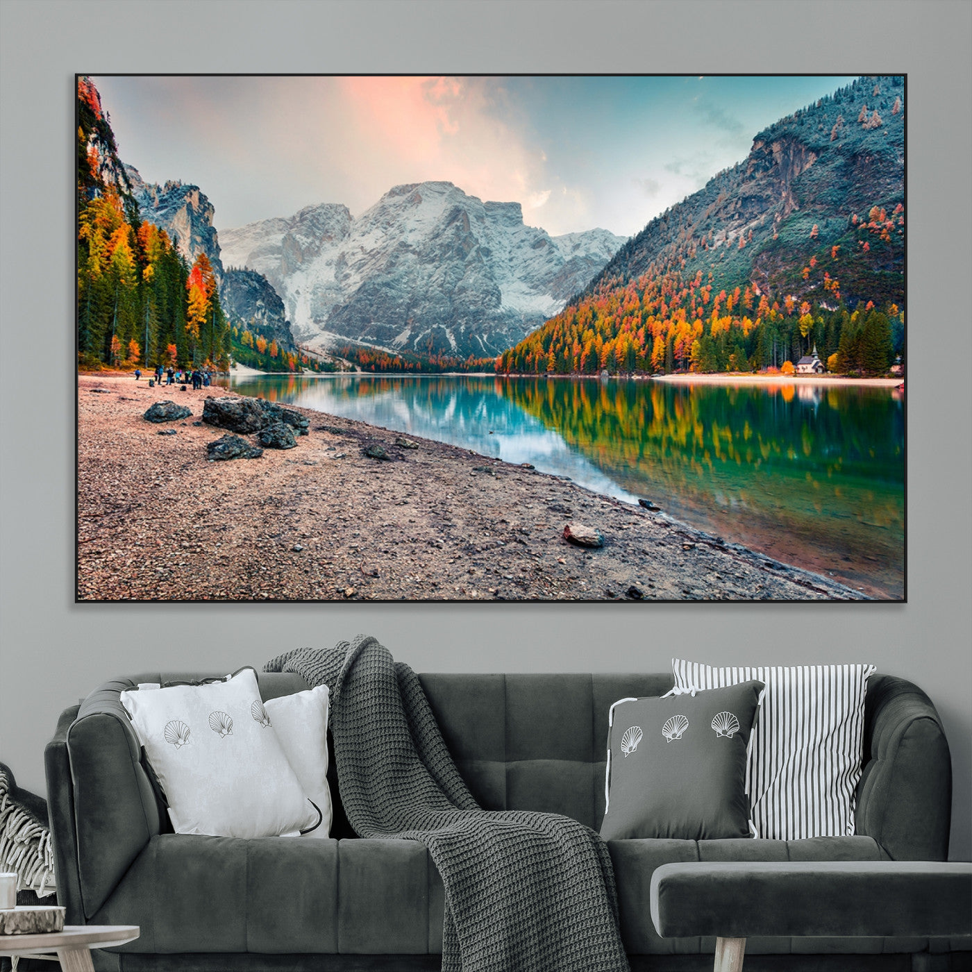 25982-MGV-CV-36X24-Autumn Mountain Lake Wall Art – Panoramic Fall Foliage and Snowy Peaks Canvas Print, Scenic Nature Decor for Living Room or Office