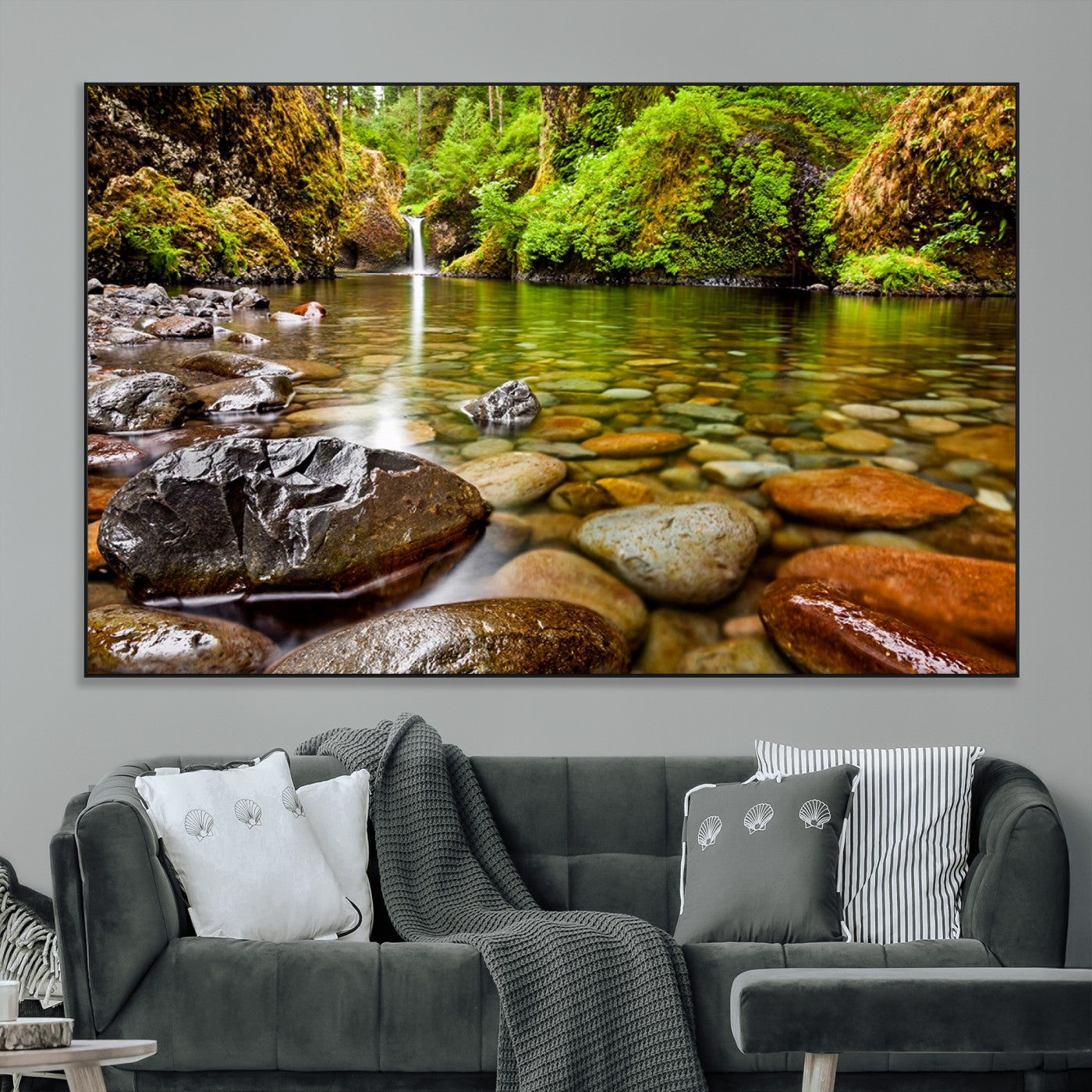 98096-MGV-CV-36X24-Serene River Waterfall Nature Photo – Calm Clear Water, Vibrant Green Forest and Smooth Stones Landscape Wall Art for Home or