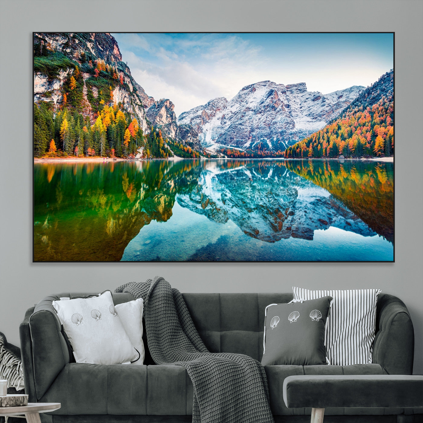 10402-SEG-FC-51X34_Oversize_Oversize-Snowy Mountain Lake Wall Art – Autumn Landscape Canvas Print with Reflection, Nature Decor for Living Room, Office, Bedroom or