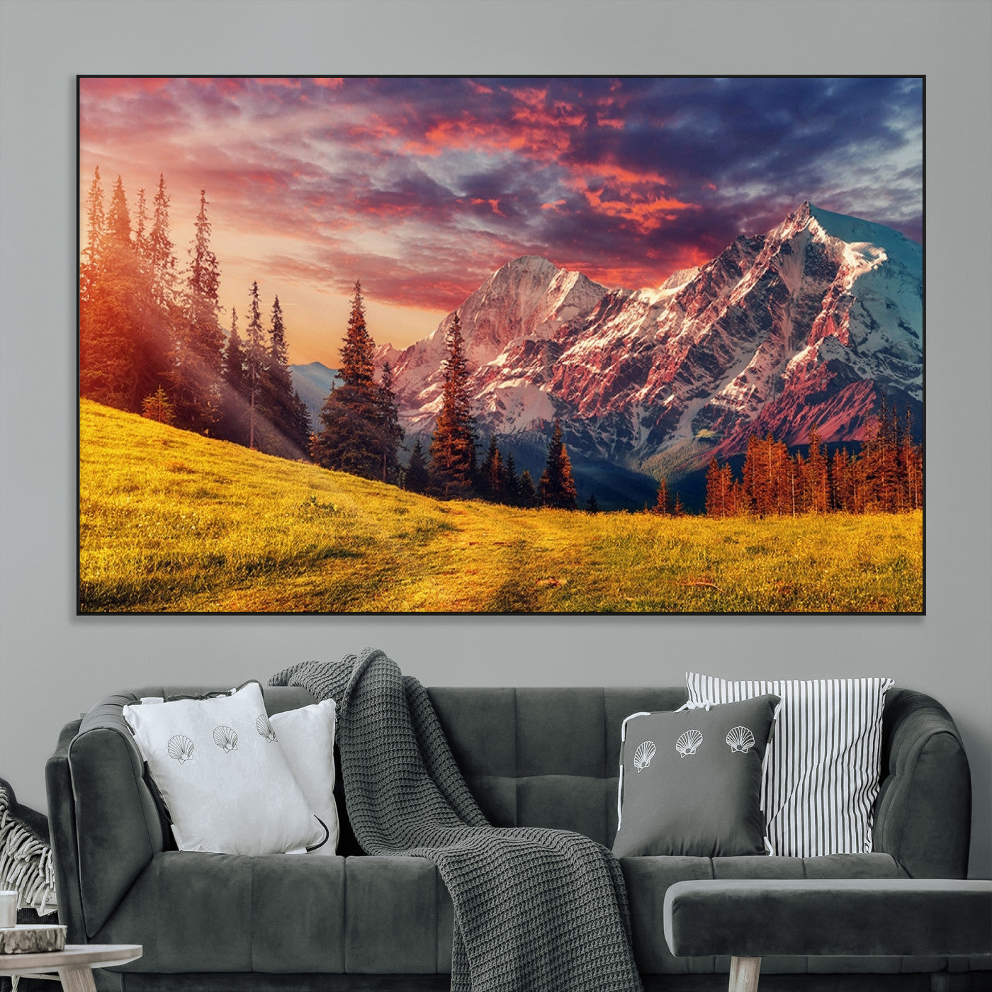 83947-MGV-CV-36X24-Sunset Mountain Landscape Wall Art – Panoramic Alpine Meadow and Snow Capped Peaks Canvas Print, Nature Scenic Decor for Home,
