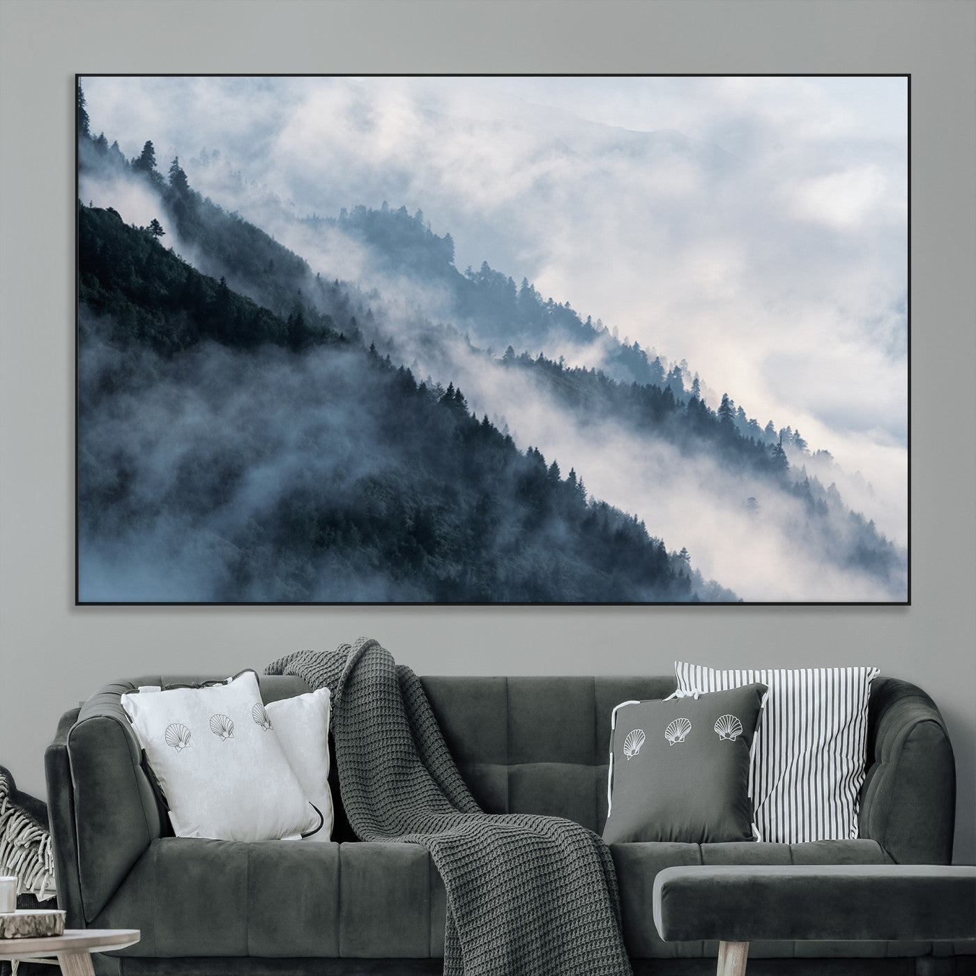 85737-MGV-CV-36X24-Misty Mountain Wall Art – Atmospheric Pine Forest Canvas Print with Fog and Mist, Calm Nature Decor for Living Room, Bedroom,