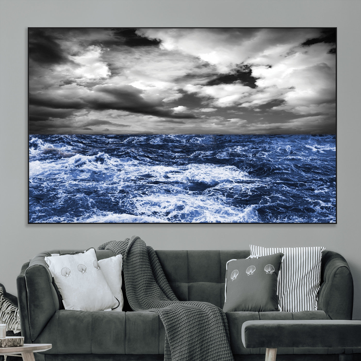 36012-SEG-FC-51X34_Oversize_Oversize-Dramatic Stormy Ocean Waves Black and White with Deep Blue Highlights – Moody Seascape Wall Art, Nature Photography Print for Home