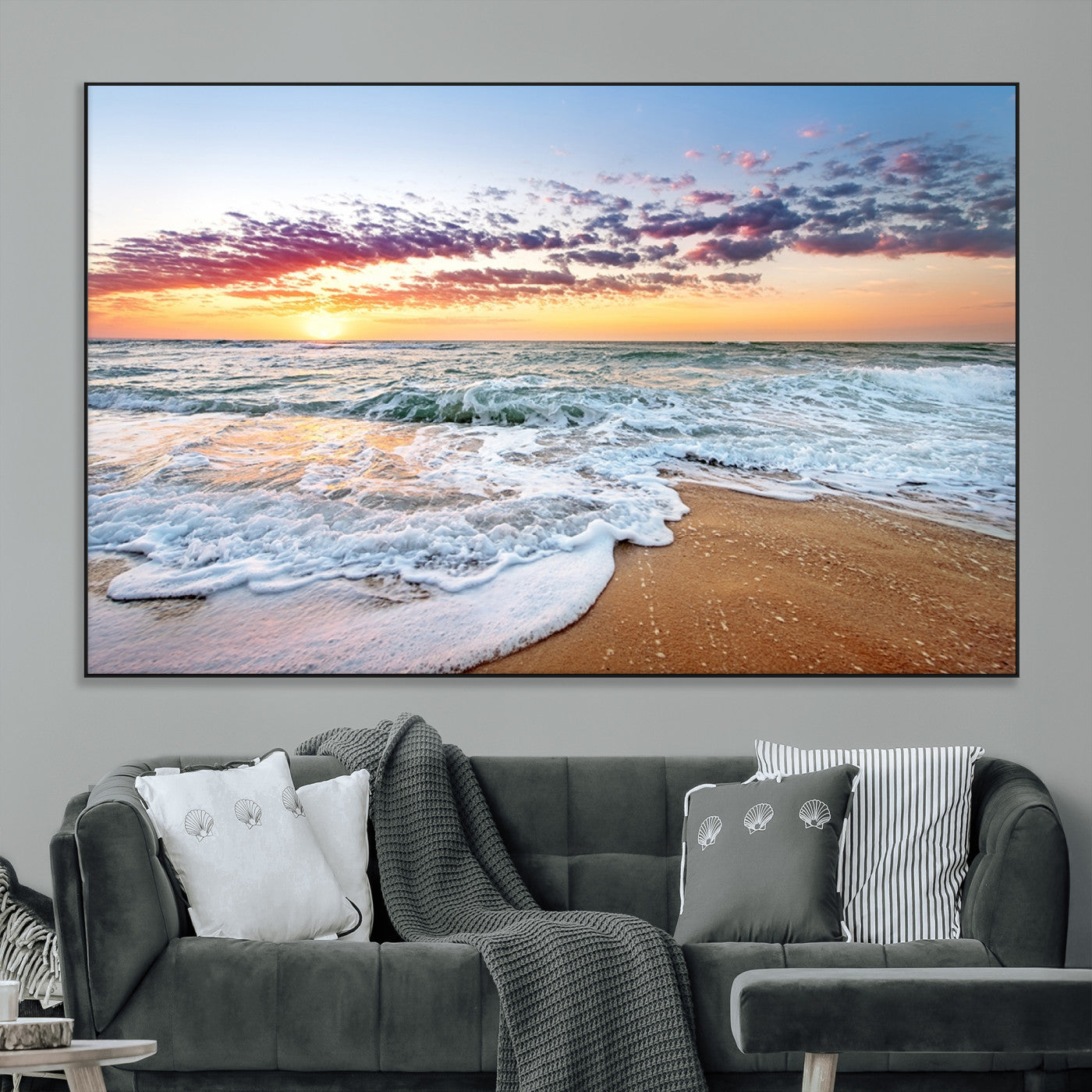 39560-MGV-CV-36X24-Sunrise Beach Wall Art – Vibrant Ocean Waves and Golden Sand Canvas Print, Seaside Coastal Decor for Living Room, Bedroom or