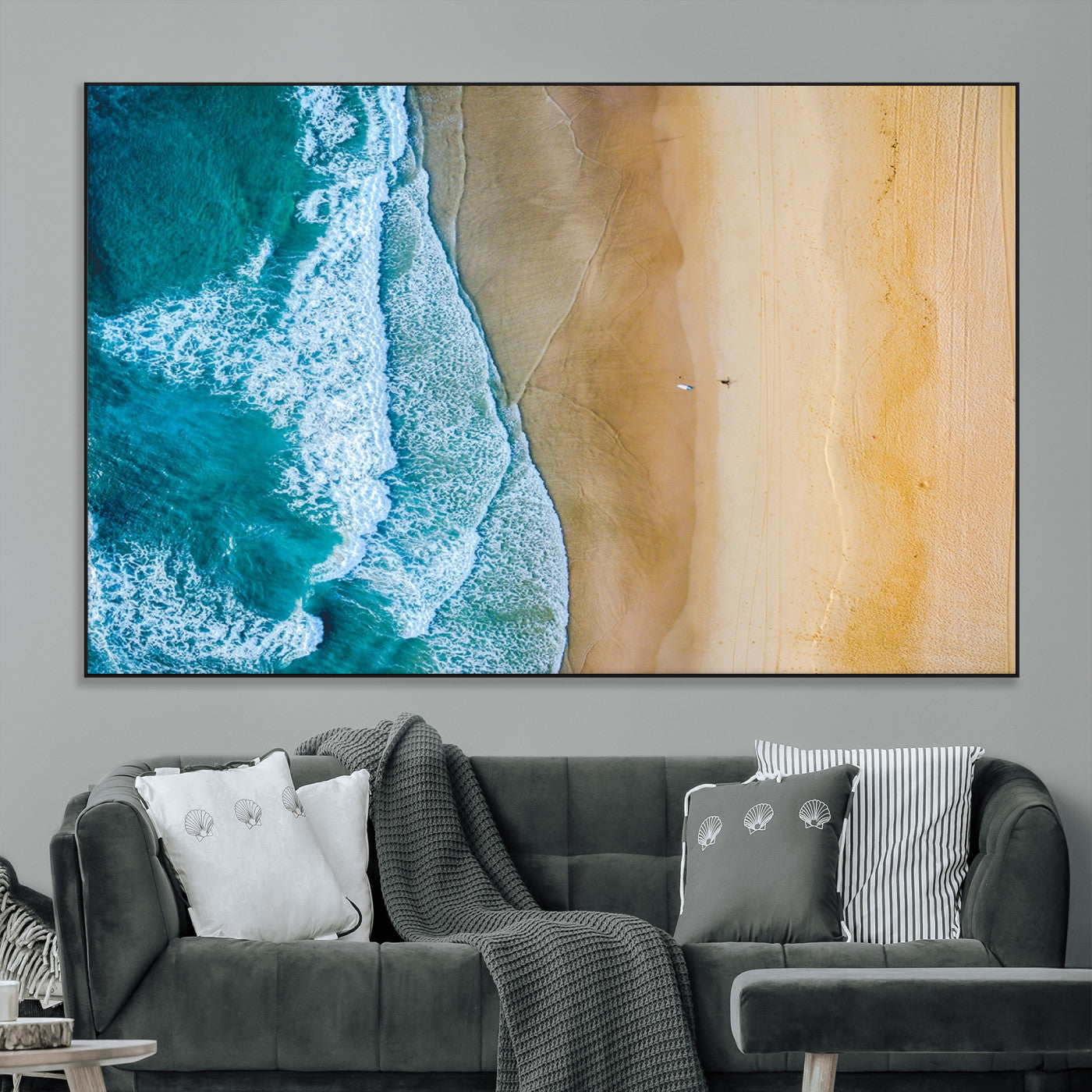 46640-MGV-CV-36X24-Aerial Beach Wall Art – Turquoise Waves and Golden Sand Canvas Print with Lone Surfer, Coastal Ocean Decor for Living Room,