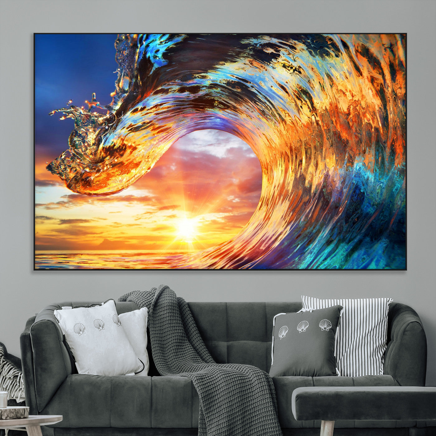 52890-MGV-CV-36X24-Surfing Wave Wall Art Canvas Print, Framed Sunset Ocean Art Picture Print, Ocean Wave Perfect Nautical Decor Artwork