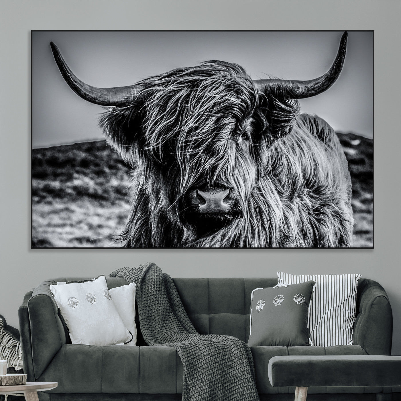 97372-MGV-CV-36X24-Elegant Highland Cow Wall Art – Black and White Canvas Print, Rustic Nature Decor for Home, Office, Living Room or Man Cave