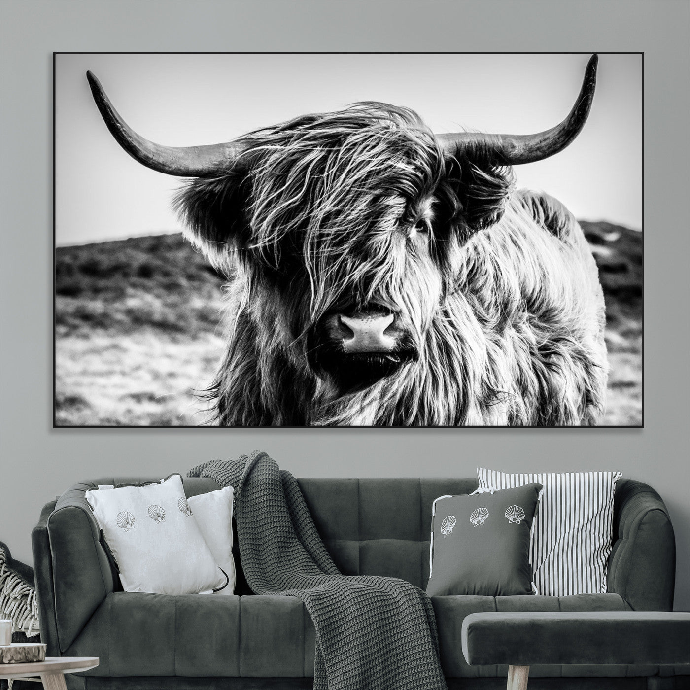 36979-MGV-CV-36X24-Striking black-and-white portrait of a Highland cow with flowing fur and majestic horns, perfect for rustic and elegant home or