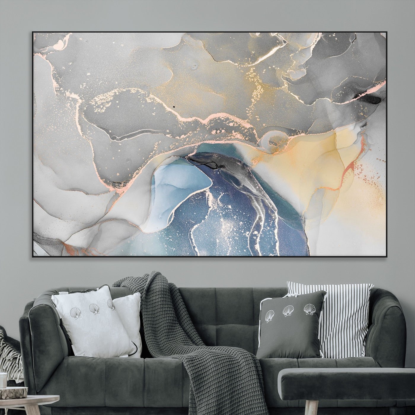 63211-MGV-CV-36X24-Abstract Fluid Art Wall Decor – Blue, Gray & Gold Canvas Print, Modern Home and Office Wall Art Decor for Living Room, Bedroom or