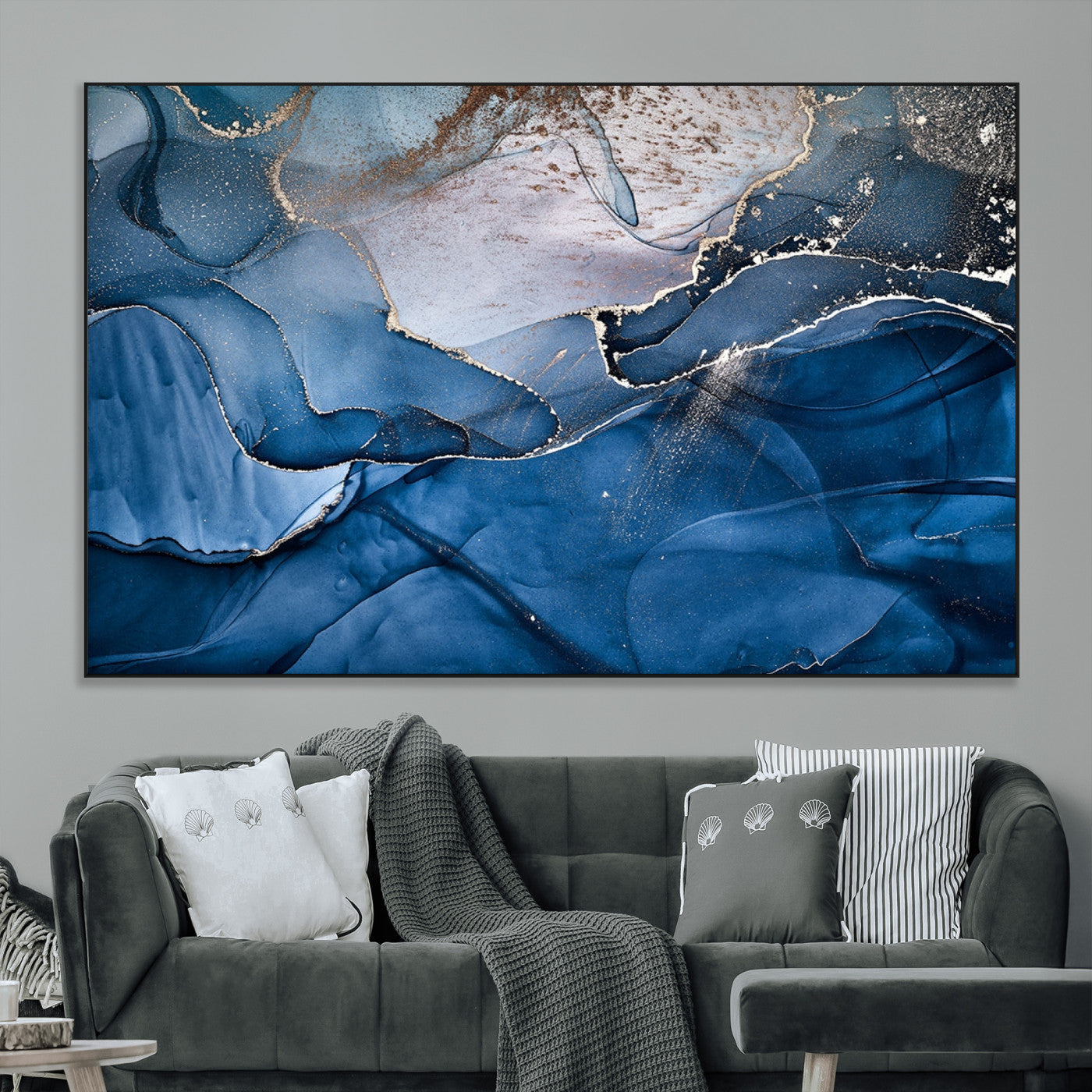 27810-MGV-CV-36X24-Abstract Blue Gold Fluid Art Wall – Modern Canvas Print, Elegant Home & Office Wall Art, Stylish Living Room or Bedroom Decor