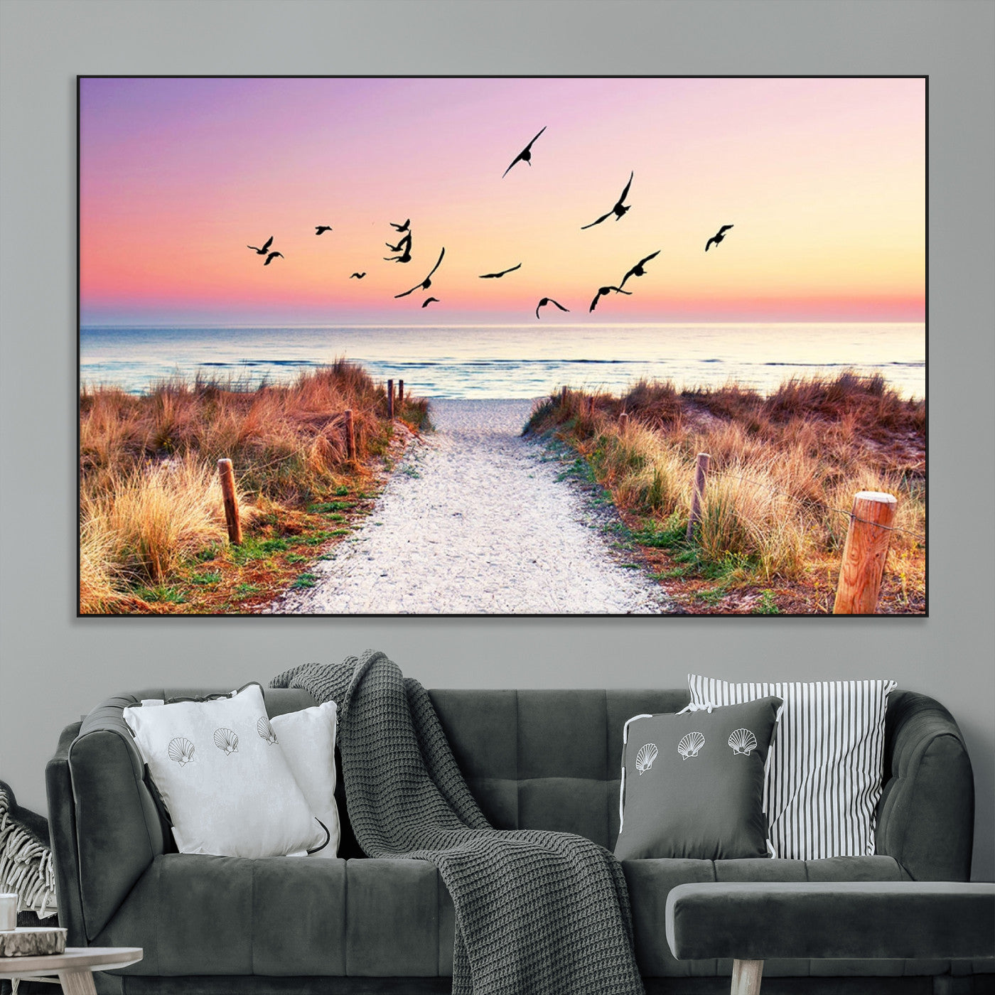 54411-MGV-CV-36X24-Beach Path with Birds Wall Art – Coastal Sunset Ocean Canvas Print, Seaside Nature Landscape Photography for Living Room, Bedroom