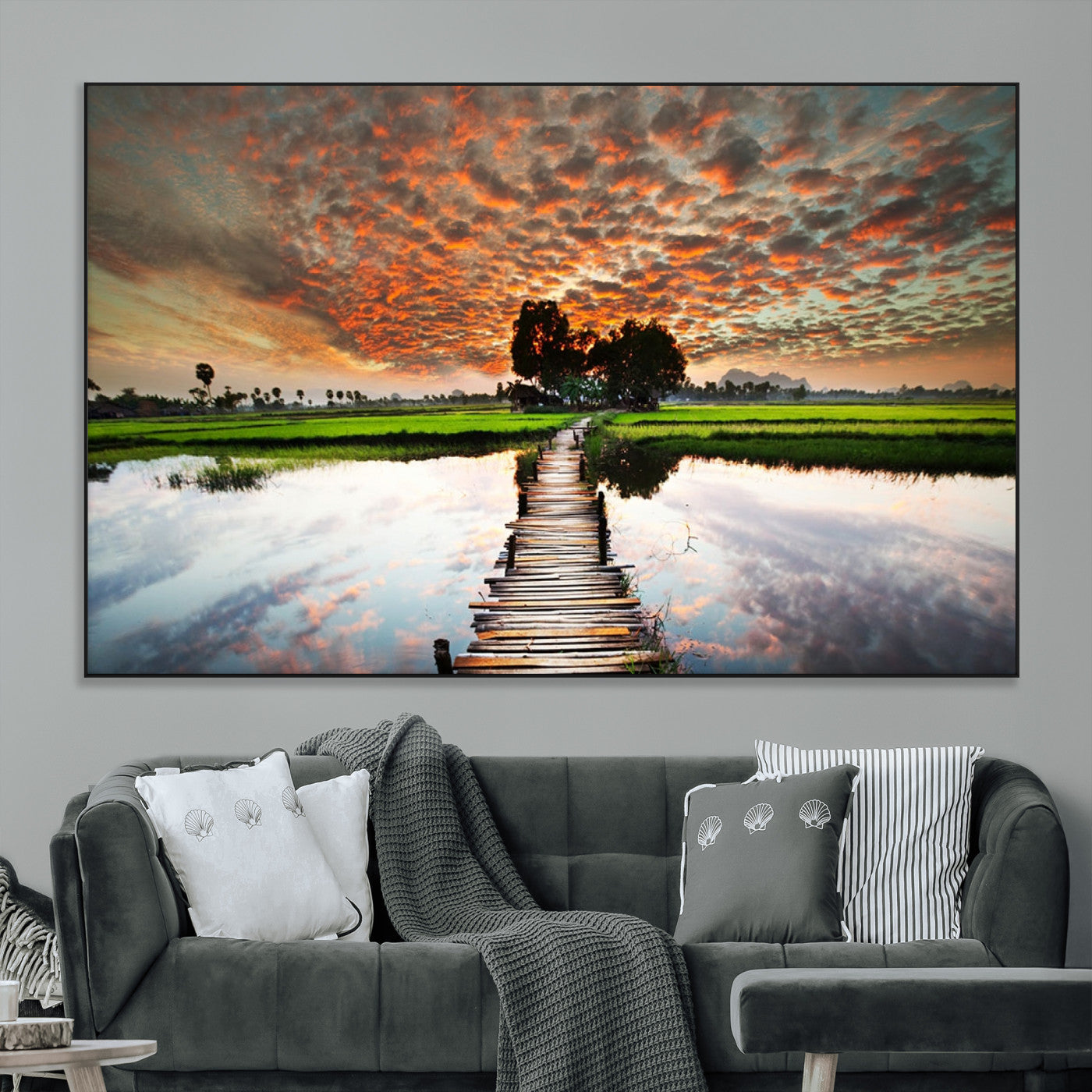 29105-MGV-CV-36X24-Rustic Wooden Bridge Wall Art – Scenic Sunset Over Rice Fields and Reflective Water Canvas Print, Nature Landscape Decor for