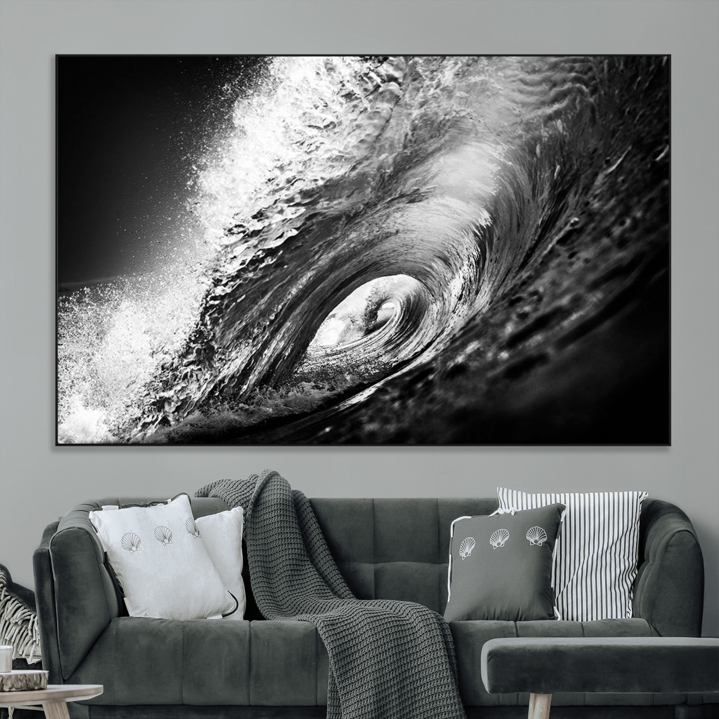 22702-MGV-CV-36X24-Black and White Ocean Wave Wall Art – Powerful Surf Curl Photography Canvas Print, Modern Coastal Decor for Living Room, Office or