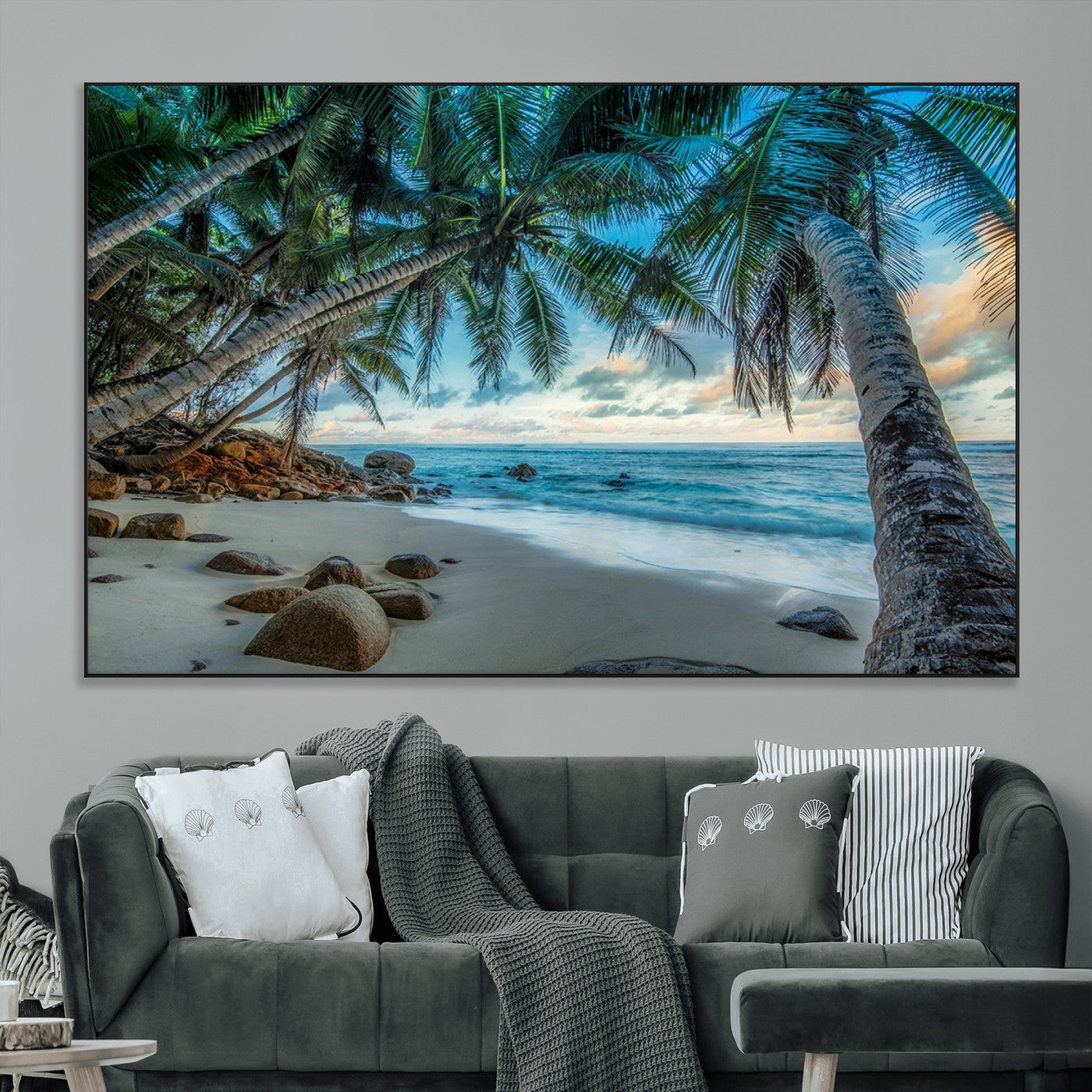 39679-MGV-CV-36X24-Tropical Palm Beach Wall Art – Serene Ocean Canvas Print with Palm Trees and Rocks, Coastal Paradise Decor for Living Room or