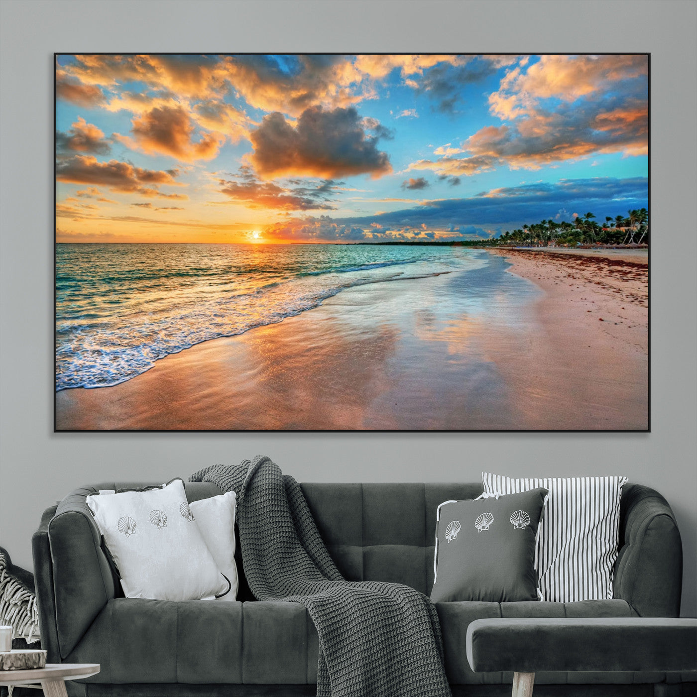 41572-MGV-CV-36X24-Sunset Beach Wall Art – Ocean Waves and Palm Trees Canvas Print, Tropical Coastal Sunset Seascape Decor for Living Room, Bedroom