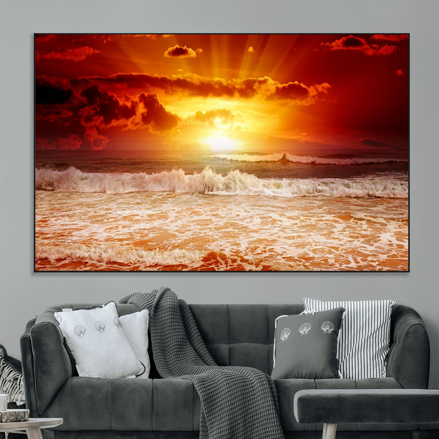 60211-MGV-CV-36X24-Fiery Sunset Ocean Waves Canvas Print – Vibrant Red & Orange Coastal Wall Art, Dramatic Seascape Decor