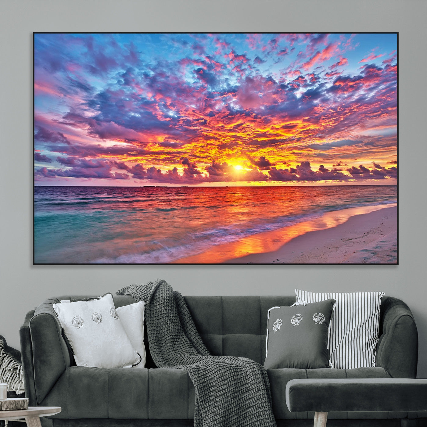 72836-MGV-CV-36X24-Fiery Sunset Beach Wall Art – Panoramic Vibrant Ocean Canvas Print, Dramatic Coastal Decor for Living Room, Bedroom or Office