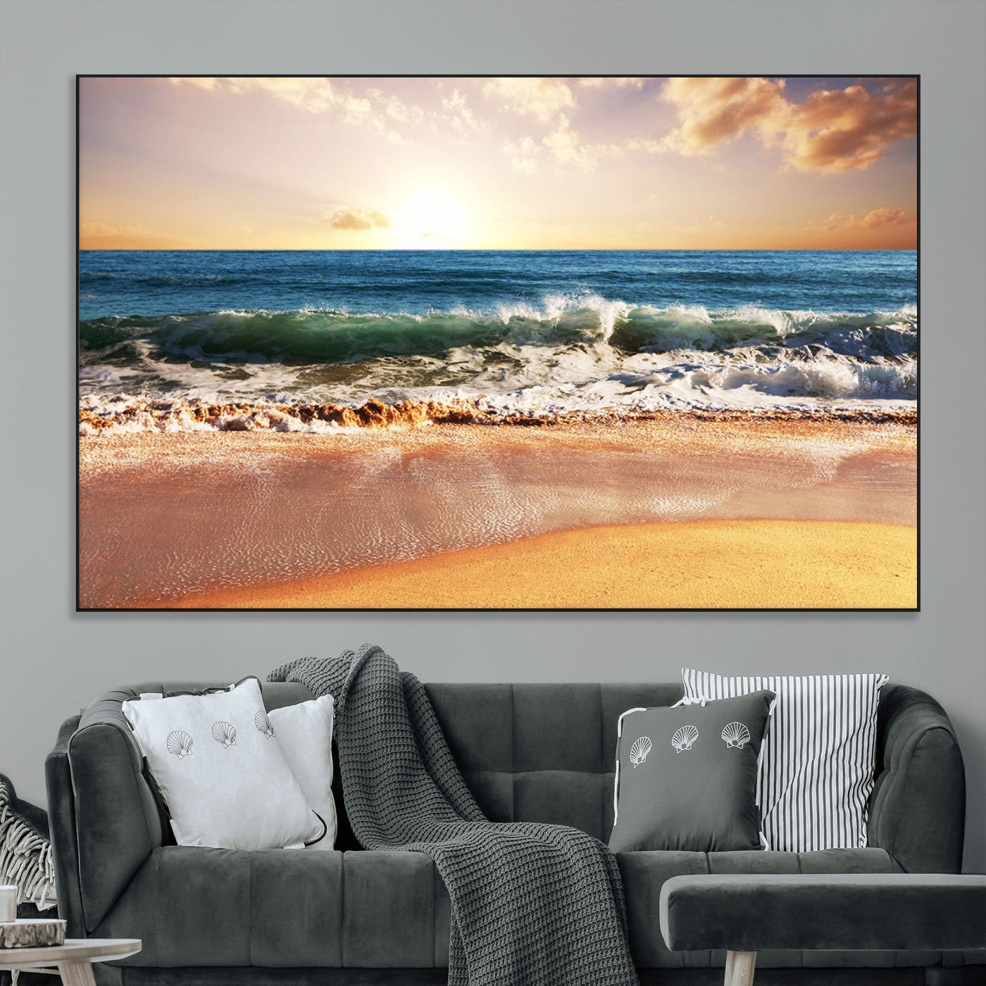 79005-MGV-CV-36X24-Golden Sunrise Ocean Waves Wall Art – Panoramic Seashore Canvas Print, Calming Coastal Decor for Home, Office or Relaxation Space