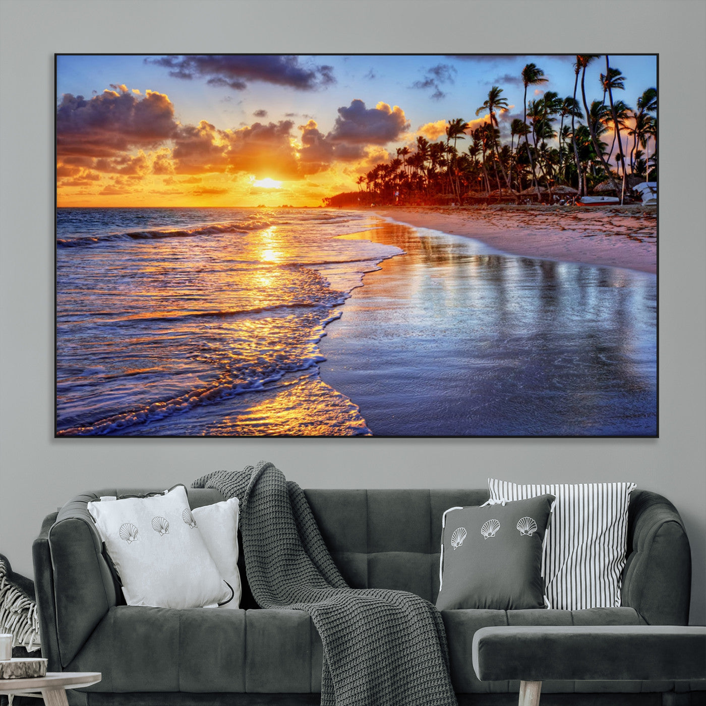 19917-MGV-CV-36X24-Tropical Sunset Beach Wall Art – Panoramic Palm Trees and Ocean Canvas Print, Vibrant Coastal Decor for Living Room, Office or Man