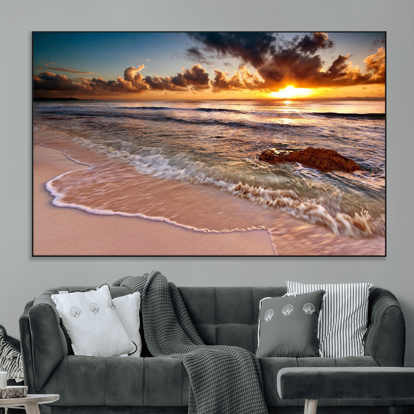 80979-MGV-CV-36X24-Golden Sunrise Beach Wall Art – Ocean Waves and Sandy Shore Canvas Print, Coastal Sunset Photography Artwork for Living Room,