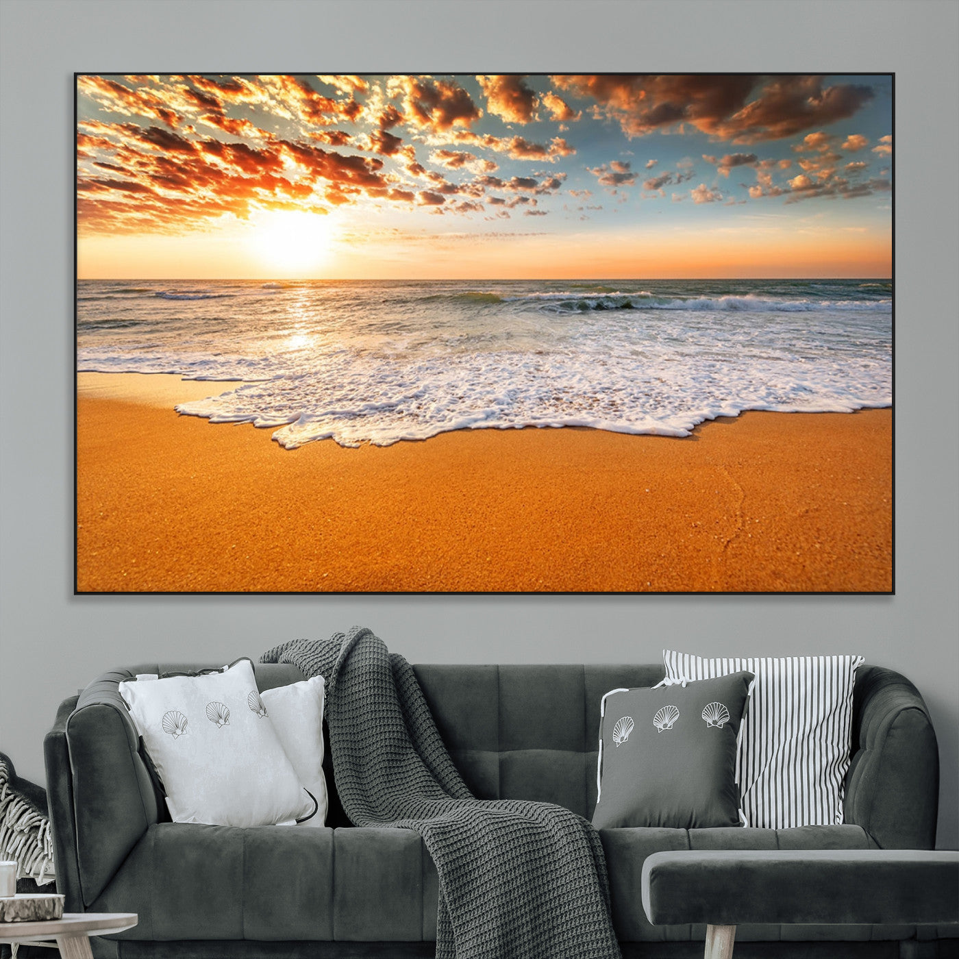 15399-MGV-CV-36X24-Golden Sunrise Beach Wall Art – Ocean Waves on Sandy Shore Canvas Print, Coastal Seascape Decor for Living Room or Bedroom