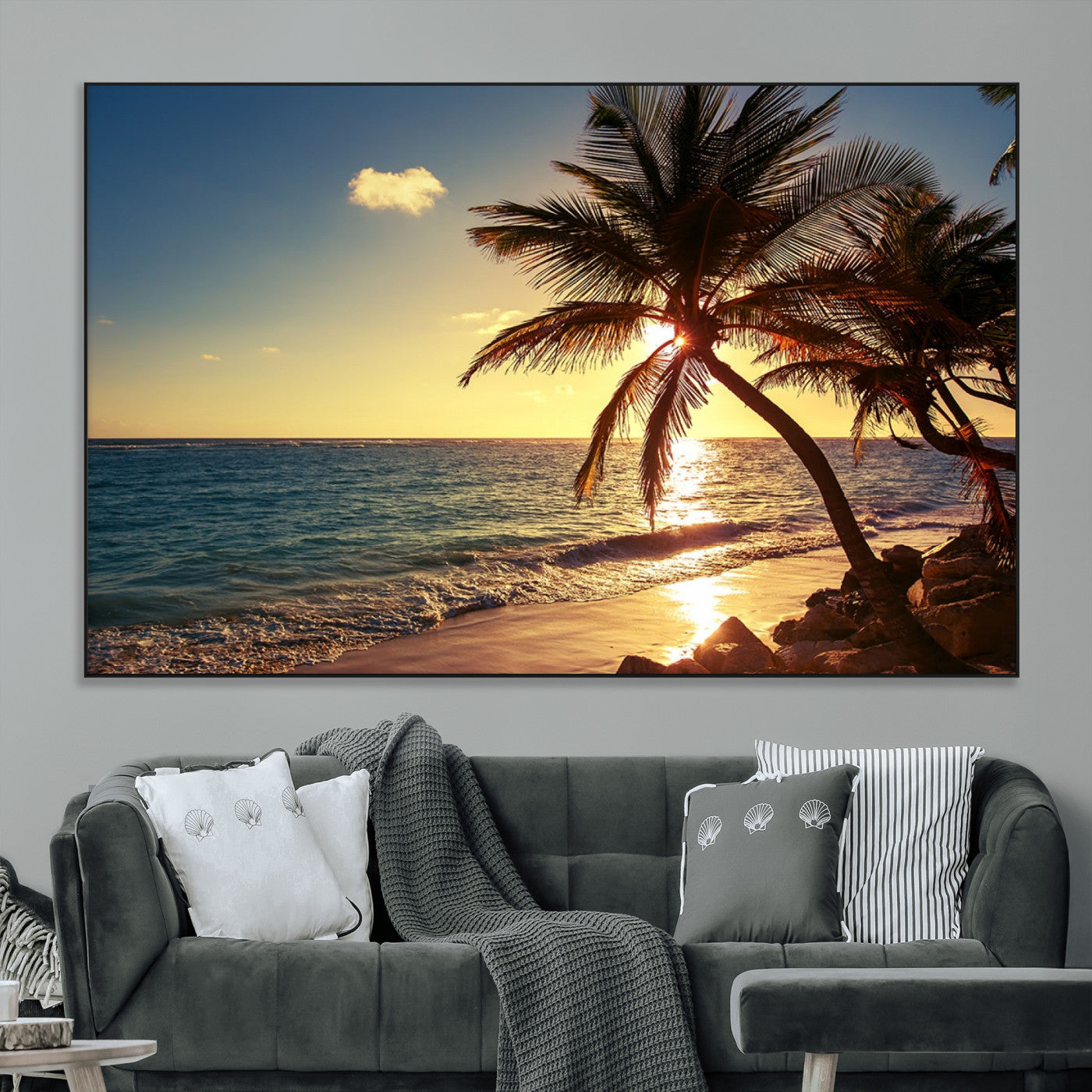 82710-MGV-CV-36X24-Palm Tree Sunset Beach Wall Art – Tropical Ocean Canvas Print, Coastal Paradise Seascape Decor for Living Room or Office Wall