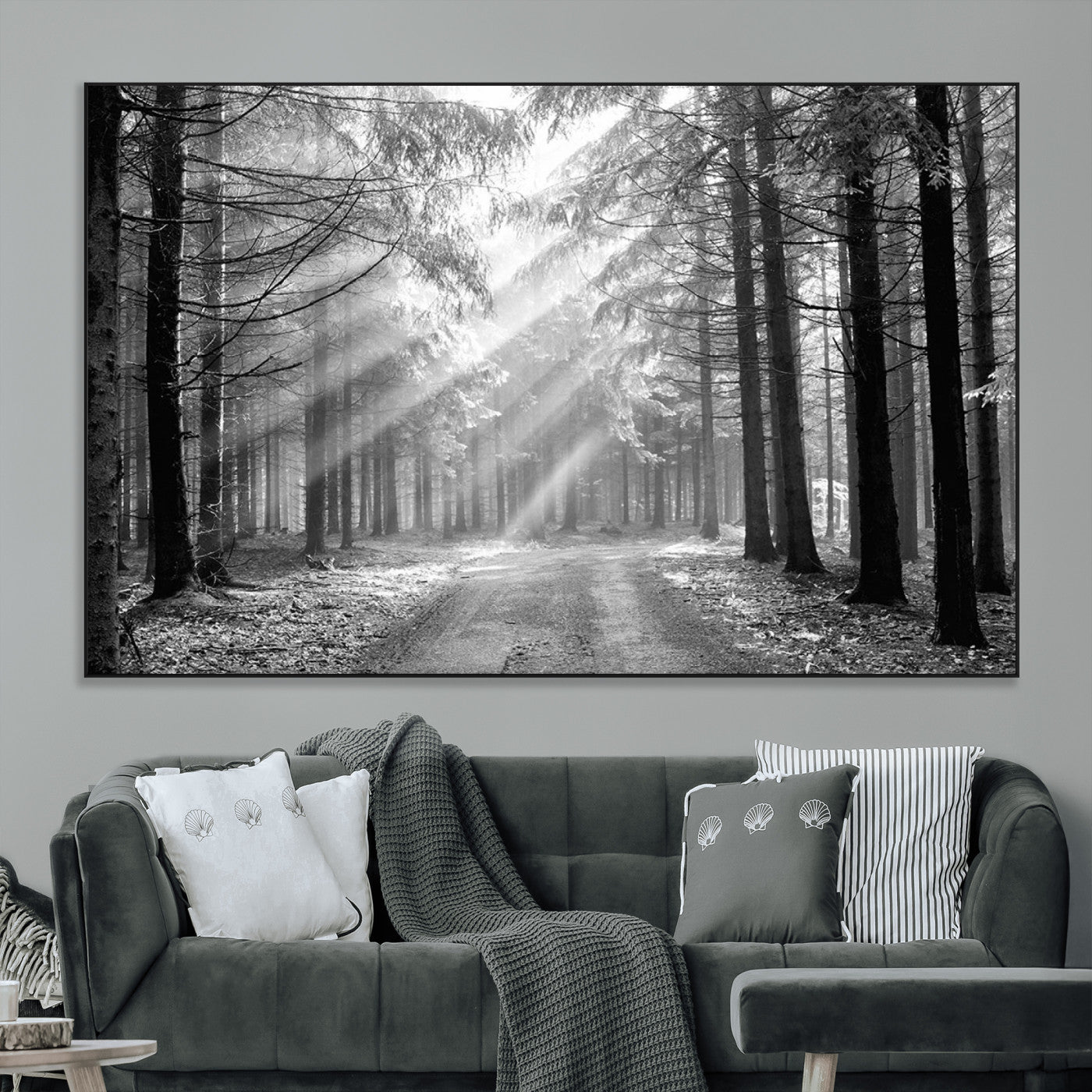 39665-MGV-CV-36X24-Black and White Forest Path Wall Art – Sunlight Rays in Trees Canvas Print, Nature Landscape Decor for Living Room or Office