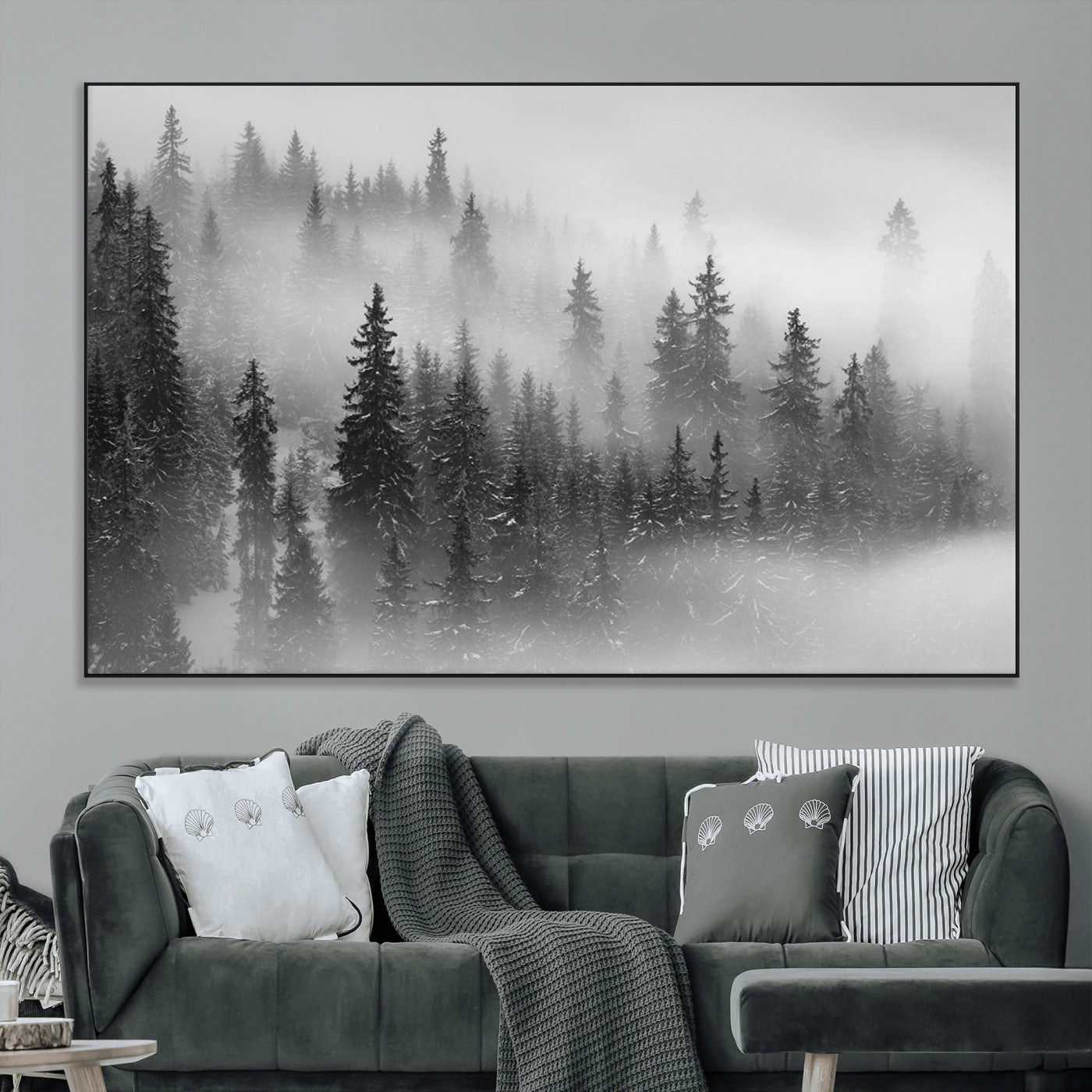 57235-MGV-CV-36X24-Misty Pine Forest Wall Art – Black and White Mountain Landscape Canvas Print, Nature Woodland Decor for Living Room, Bedroom or