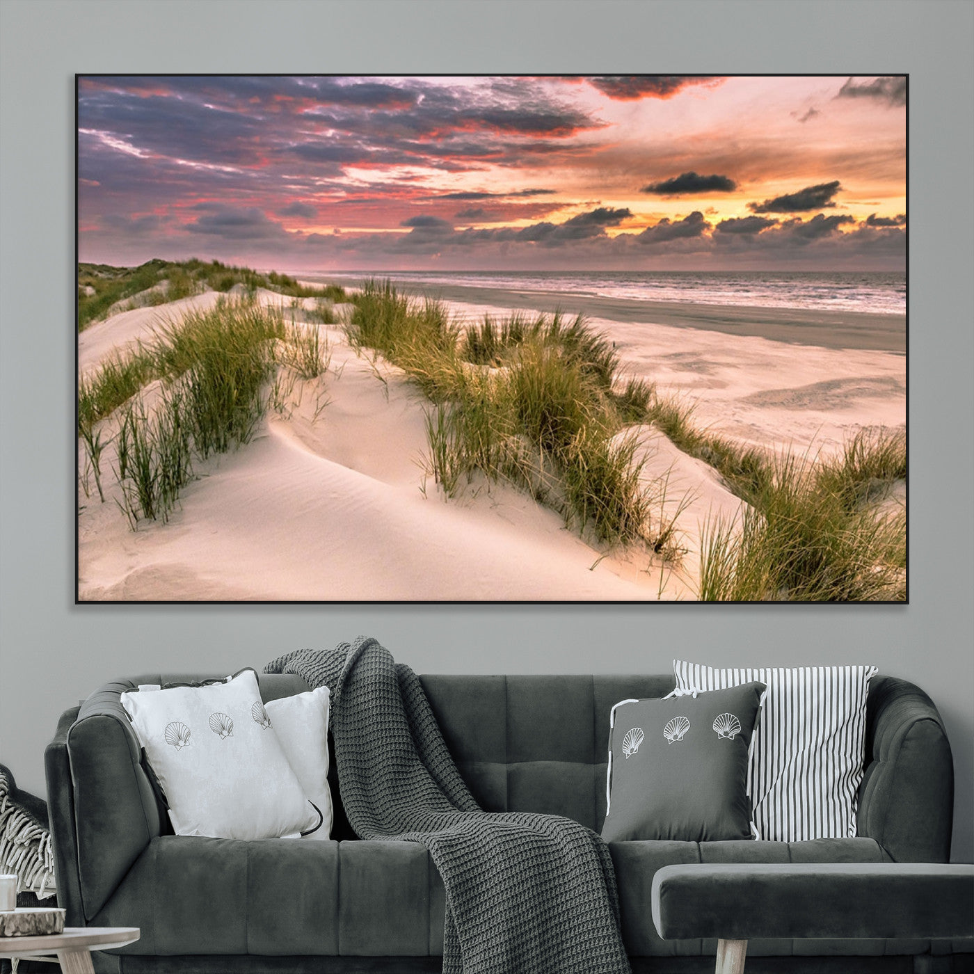 60570-MGV-CV-36X24-Beach Sunset Wall Art – Coastal Sand Dunes and Ocean Horizon Canvas Print, Tranquil Seascape Photography Decor for Living Room or