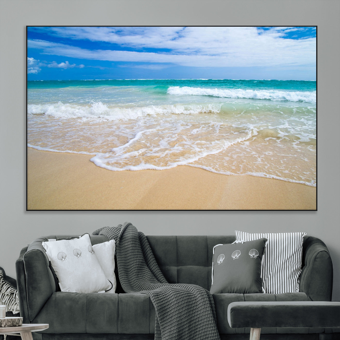 20660-MGV-CV-36X24-Ocean Wave Beach Wall Art – Serene Blue Sea and Sandy Shore Canvas Print, Coastal Landscape Photography Decor for Living Room or