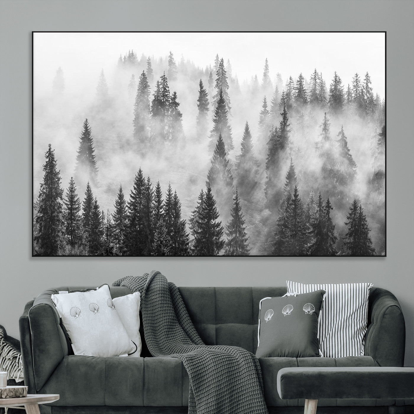 10422-MGV-CV-36X24-Misty Pine Forest Wall Art – Black and White Foggy Landscape Canvas Print, Serene Nature Woodland Decor for Bedroom, Office or