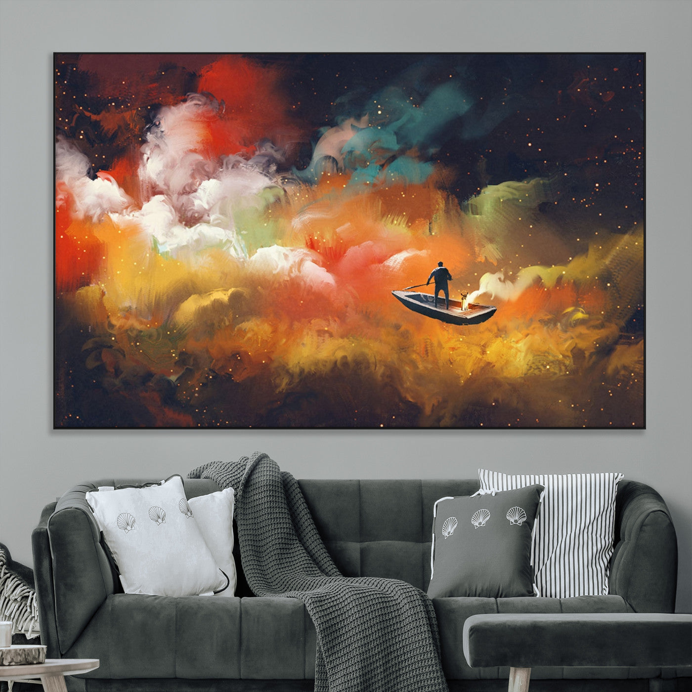 45085-MGV-CV-36X24-Surreal Cosmic Wall Art – Abstract Galaxy Dreamscape Canvas Print with Man and Dog in Boat, Fantasy Nebula Painting for Living