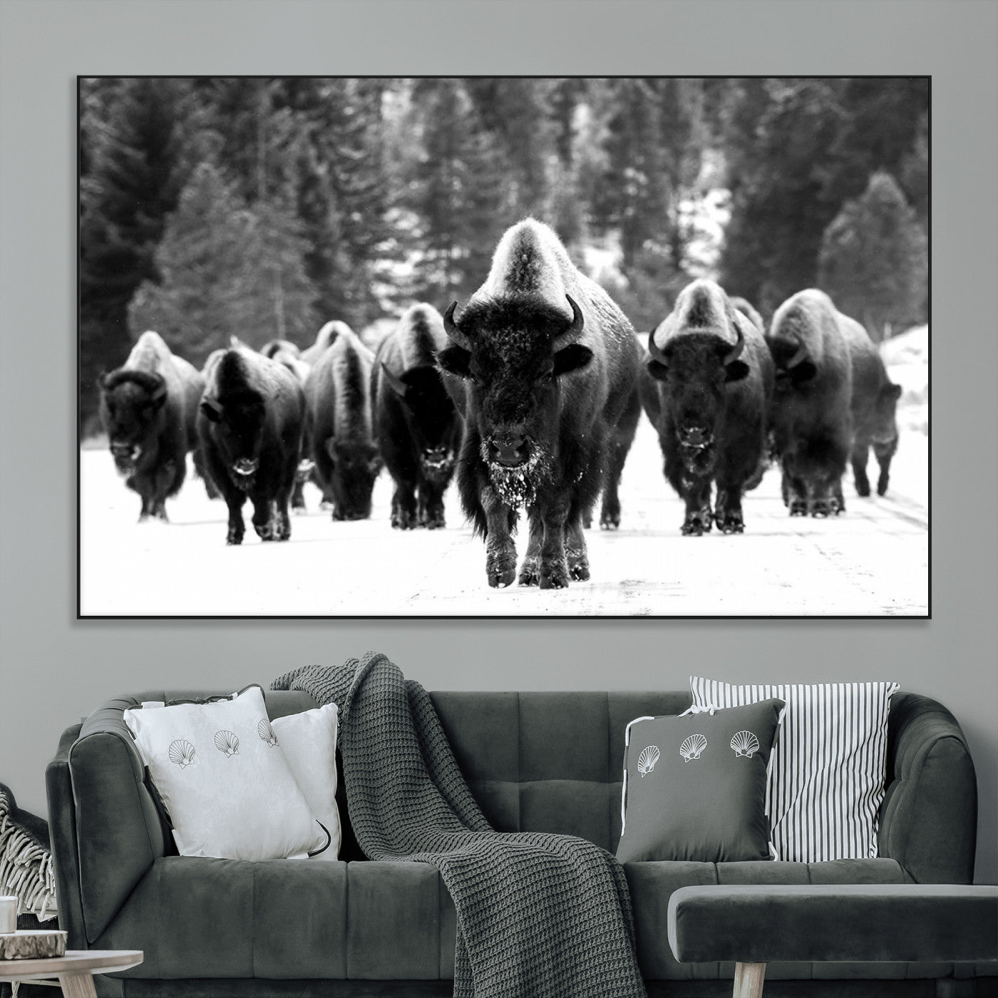 62434-MGV-CV-36X24-Bison Herd Wall Art – Majestic Black and White Buffalo Canvas Print, Wildlife Nature Photography Decor for Living Room, Office or