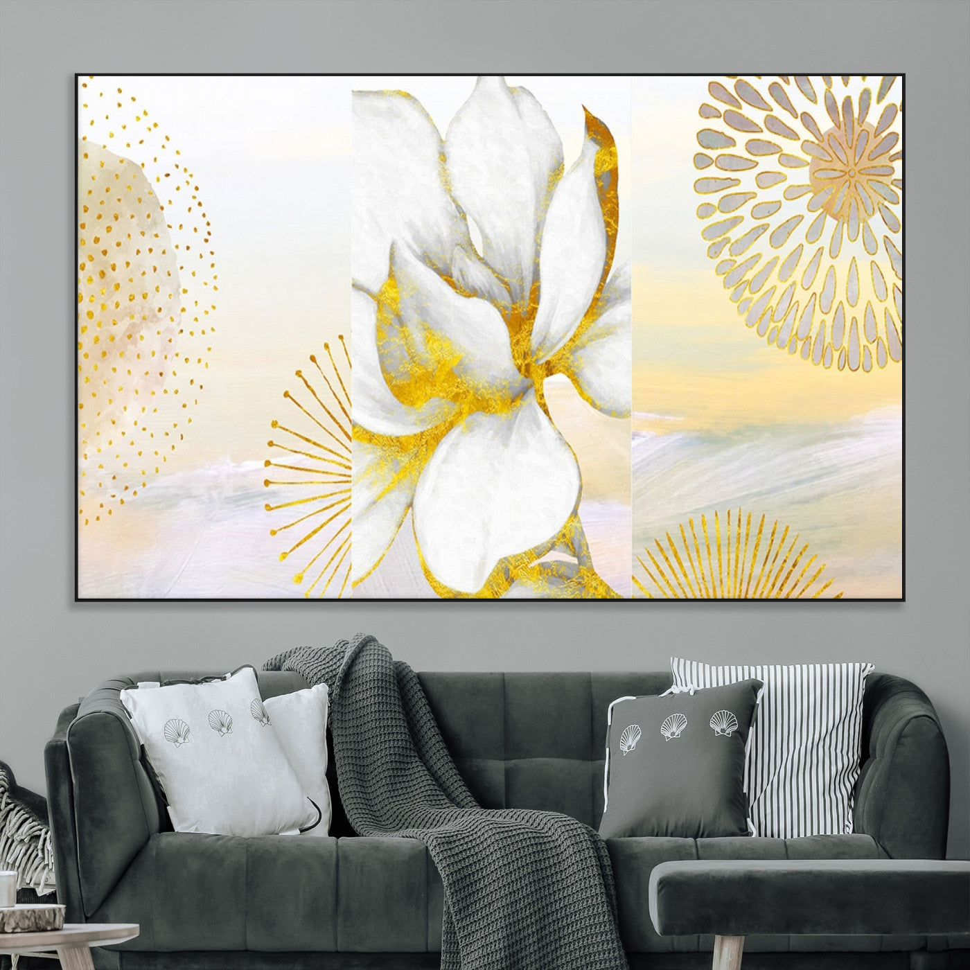 82301-SEG-FC-51X34_Oversize_Oversize-Modern Floral Wall Art – White Flower with Gold Detailing Canvas Print, Elegant Abstract Artwork for Living Room, Bedroom, or