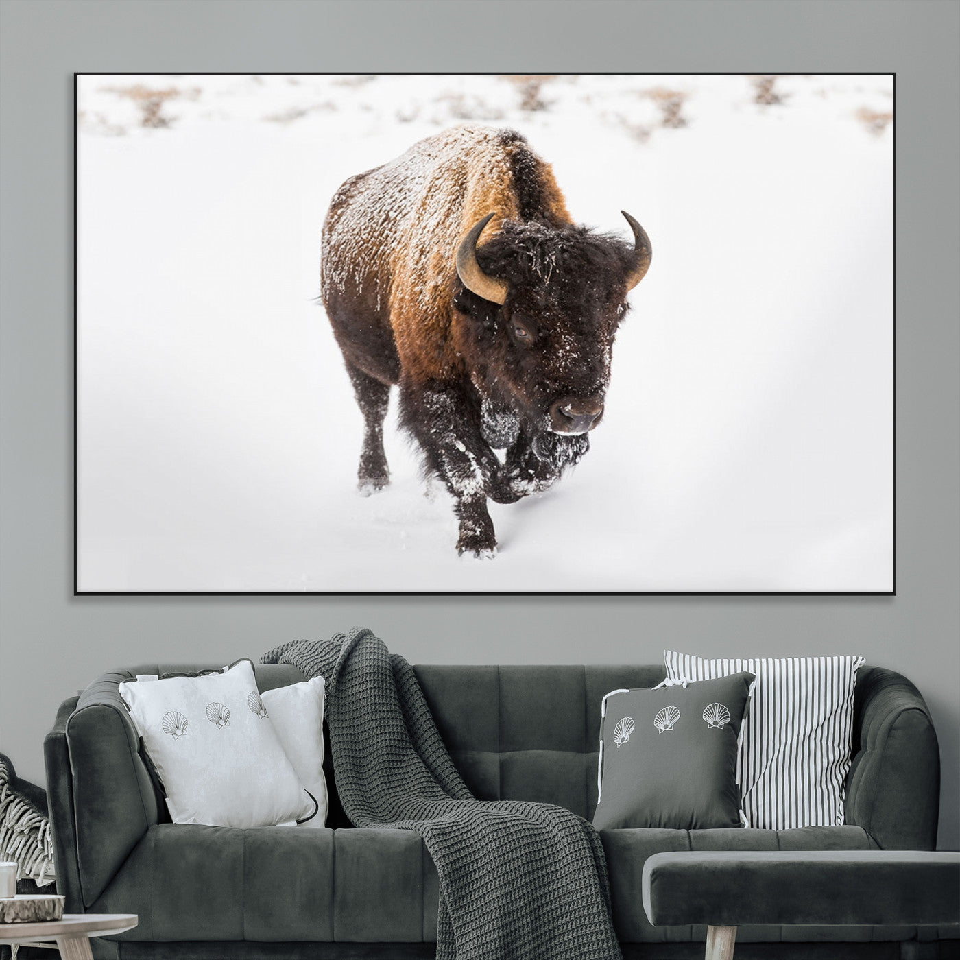 19889-MGV-CV-36X24-Snow Bison Wall Art – Majestic Buffalo Winter Landscape Canvas Print, Rustic Wildlife Photography Decor for Cabin, Lodge, Living