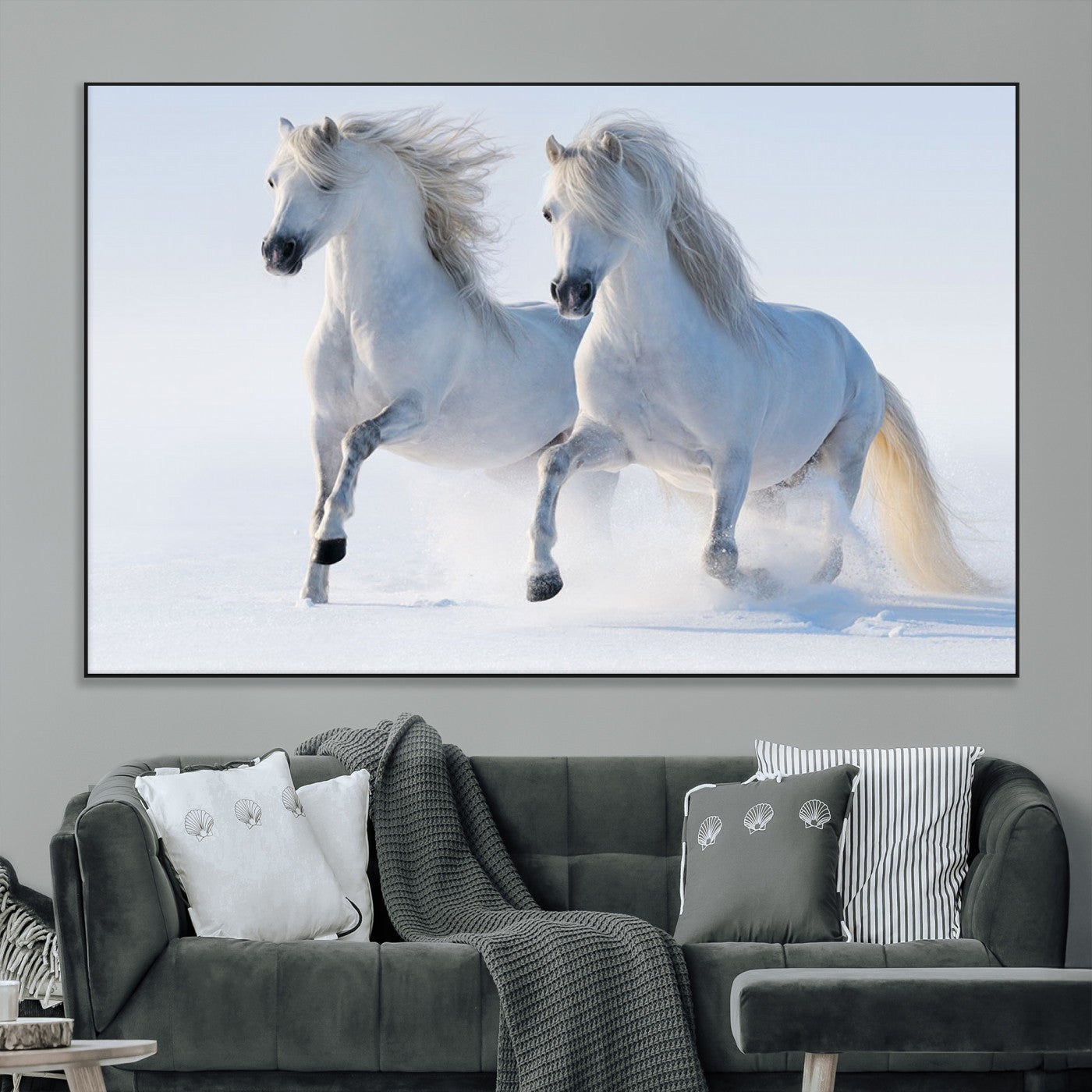 80145-MGV-CV-36X24-White Horses Running Snow Wall Art – Majestic Equine Canvas Print, Winter Nature Photography Decor for Living Room, Office,