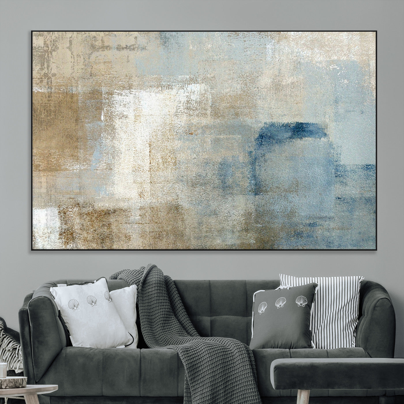 38126-MGV-CV-36X24-Neutral Abstract Wall Art – Modern Beige and Blue Canvas Print and Minimalist Textured Painting for Living Room, Bedroom or Office