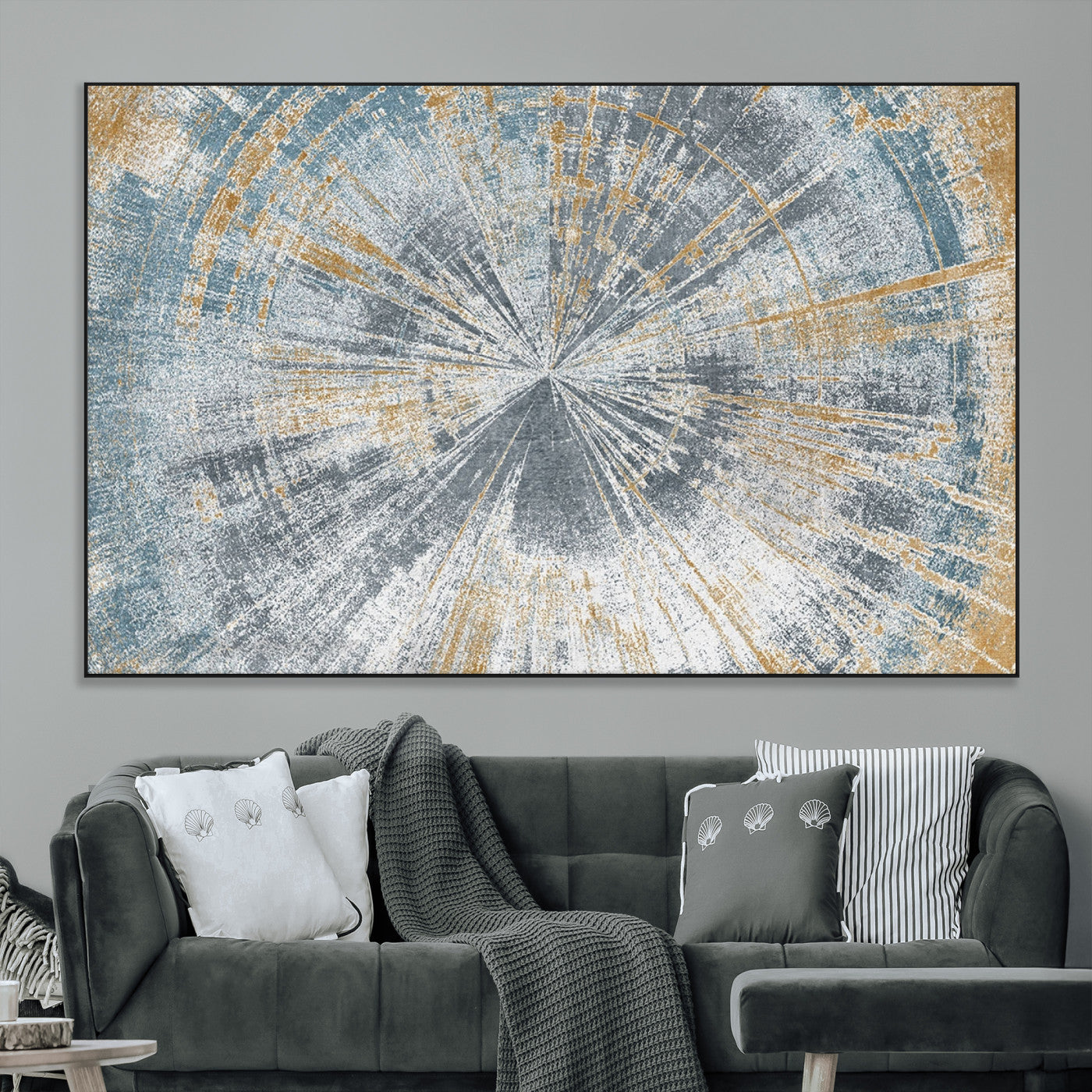 17631-MGV-CV-36X24-Radiant Burst Wall Art – Abstract Sunburst Canvas Print in Blue and Gold, Modern Geometric Painting for Living Room, Office or