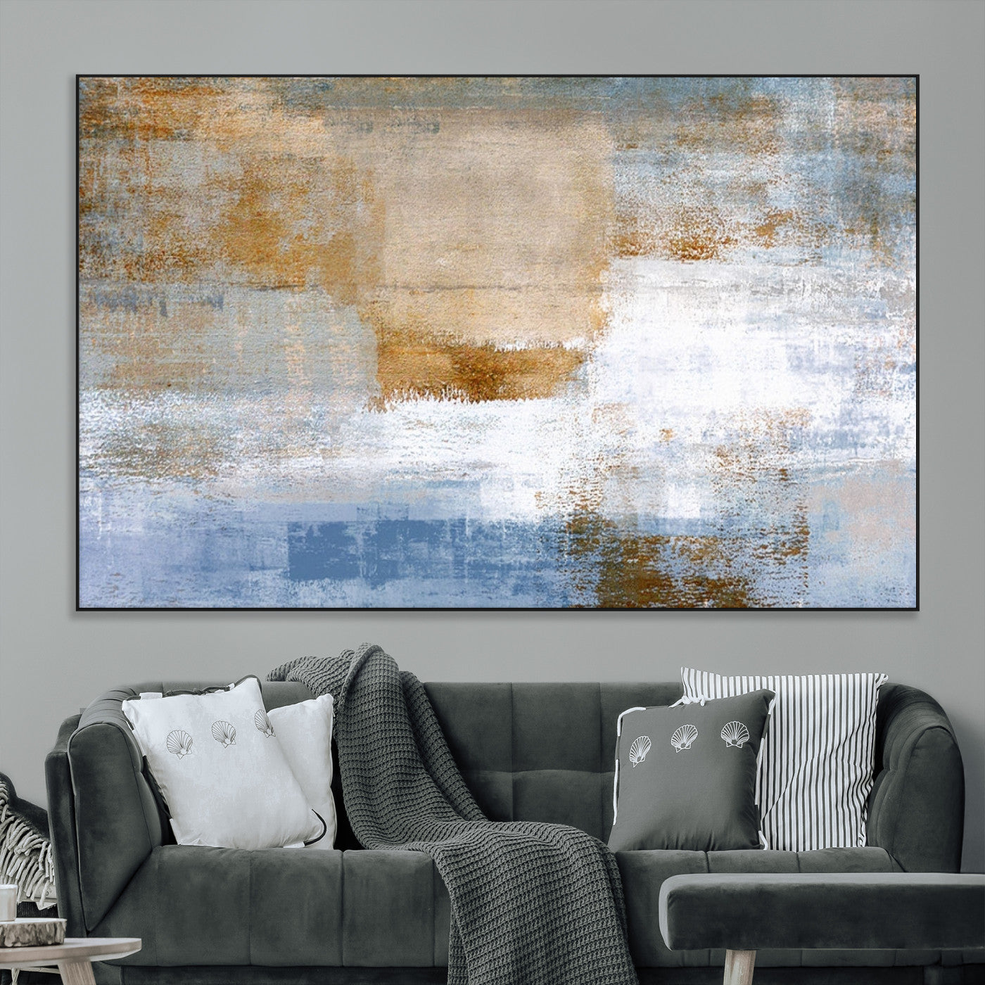 72354-MGV-CV-36X24-Blue and Gold Abstract Wall Art – Modern Minimalist Canvas Print, Textured Contemporary Painting for Living Room, Bedroom, or