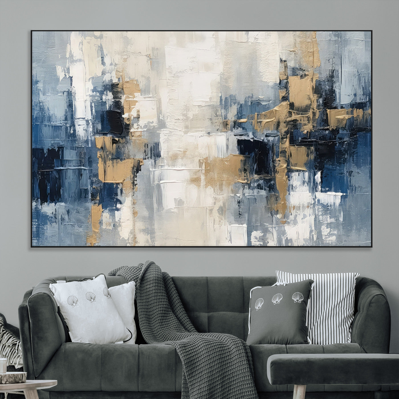 44344-MGV-CV-36X24-Abstract Blue and Gold Wall Art – Modern Hand Painted Canvas Print, Contemporary Textured Painting for Living Room, Bedroom or